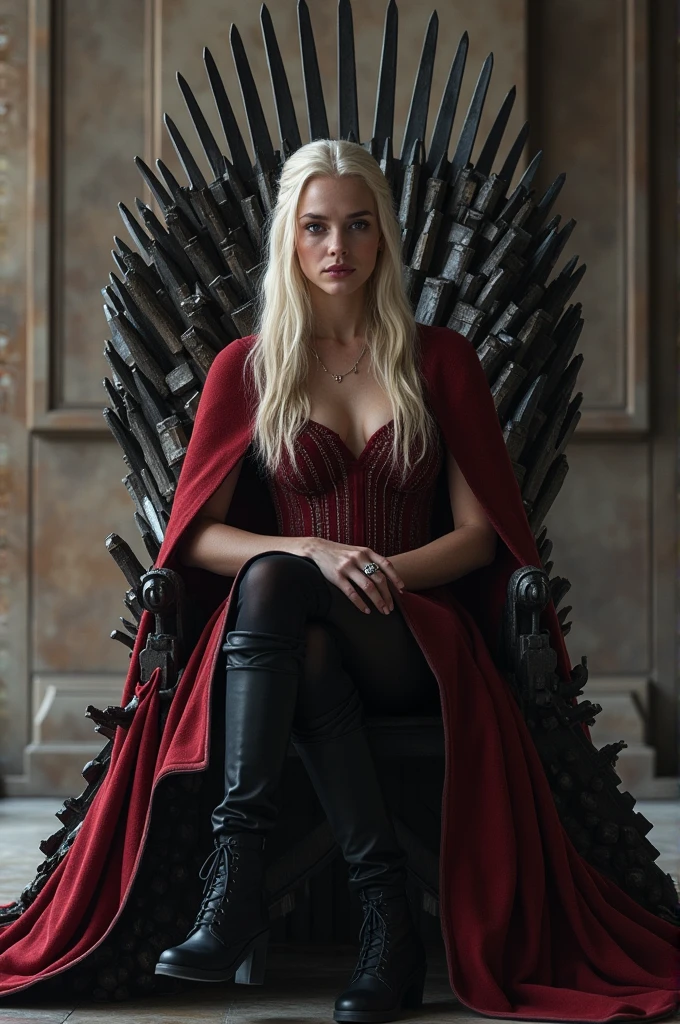 Danaerys Targaryen, red, on the throne, black dress, dragon throne room, powerful, jenna coleman, [purple eyes], tricia helfer, barbara palvin, lindsay ellingson, black iron necklace, iron bangle, iron crown