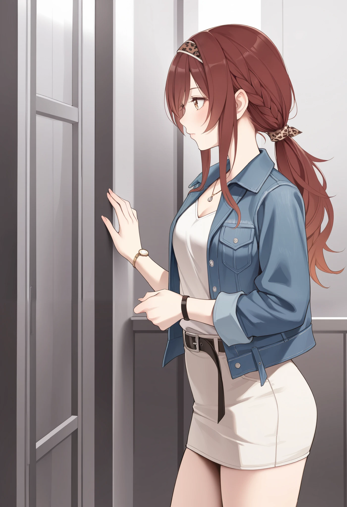 1girl,osaki amana,idolmaster shiny colors, alternate hairstyle, belt, bracelet, braid, brown eyes, brown hair, denim, denim jacket, from side, hairband, jacket, jewelry, long hair, long sleeves, low ponytail, miniskirt, necklace, open clothes, open jacket, ponytail, shirt, skirt, watch, white shirt,asutora,nanahara fuyuki,ruo zhishi chu jian,yueko \(jiayue wu\),colis,masterpiece, best quality, amazing quality, very aesthetic, absurdres,newest,huge filesize,