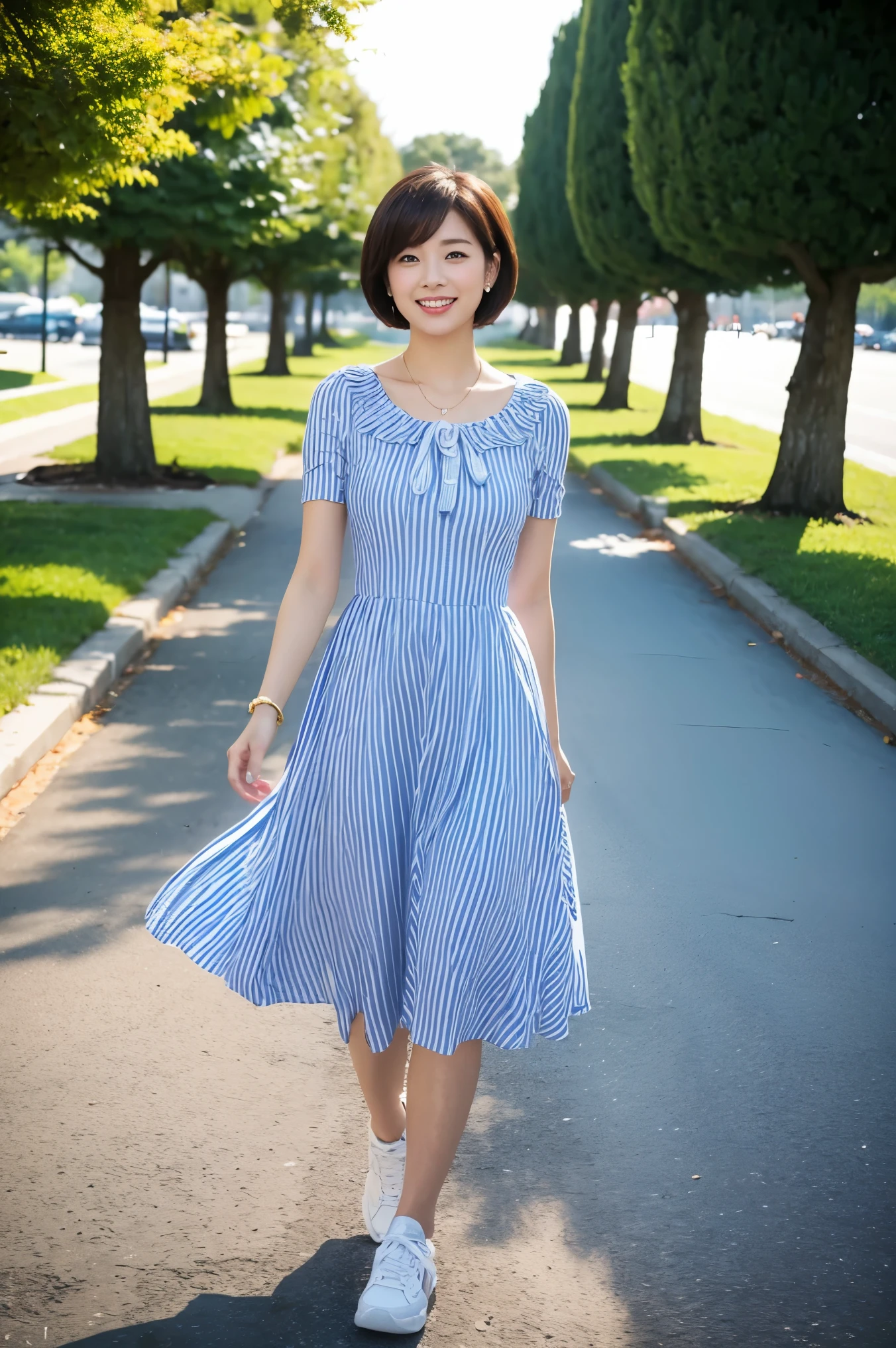 show a woman that will surprise everyone .、 face like Grace Kelly 、City Park、Distant Building 、 I can see the blue sky in the distance 、White clouds floating、bright red striped dress 、 short hair 、 bob cut 、 sneakers 、Laugh a little、Look at me with kind eyes、Slightly pointed lips、Bangs swaying in the wind、 Front View、 Raise your face 、Soft Backlight、 earrings 、 necklace 、 bracelet 、