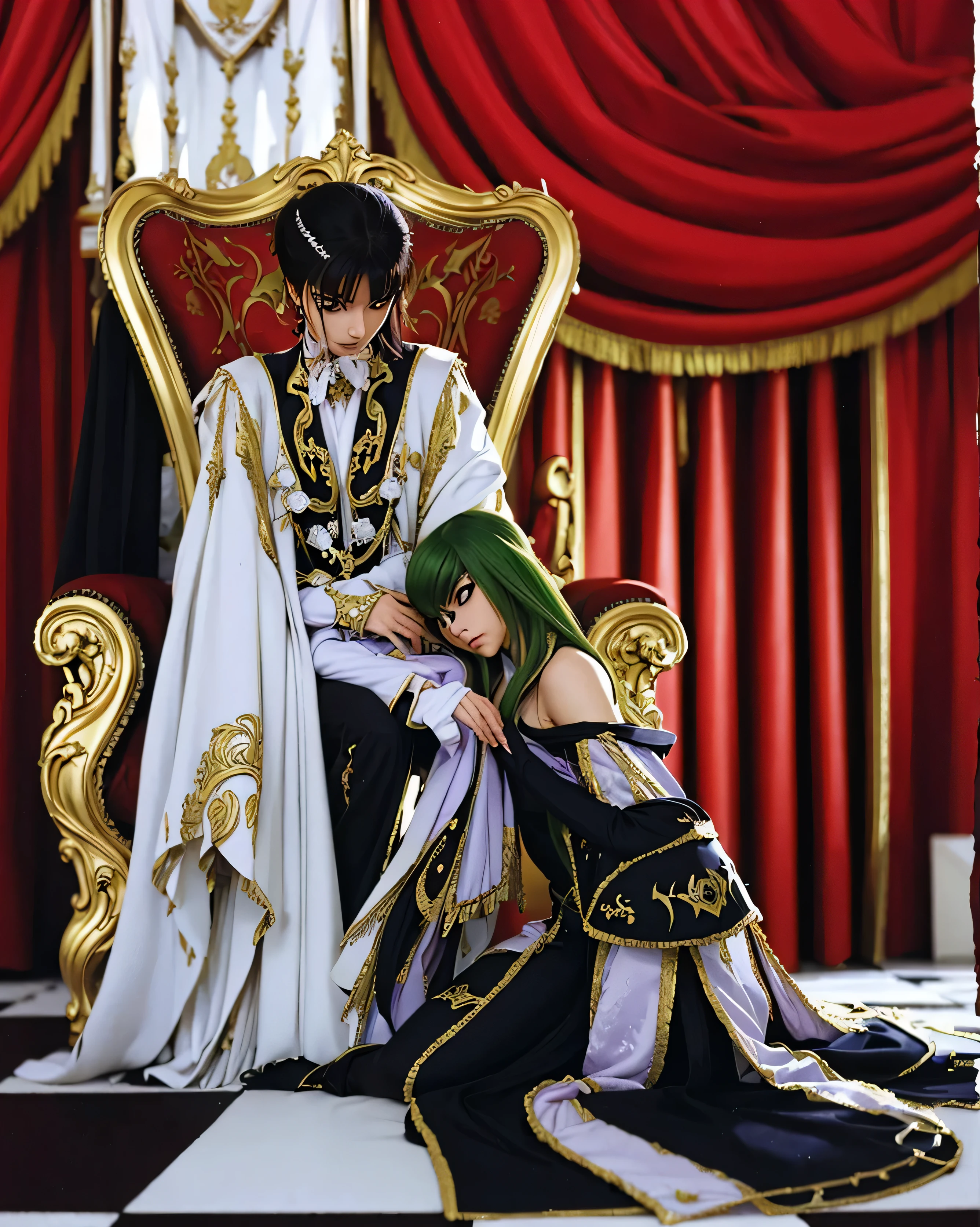 (LELOUCH DAN C.C EMPEROR_CODE GEASS),((realistic, photorealistic)),(highlight hair)), Light reflection, (( HD )),((upper body)), (((best quality, masterpiece))), (masterpiece) (best quality) (detail) (8k) (HDR) (wallpaper) (cinematic lighting) (sharp focuasterpiece, best quality: 1.1), Real life adaption of this character, realistic outfit, realistic shadow, realistic light, realism, hyper realistic, realistic background,realistic hair,(photorealistic:1.2), (masterpiece: 1.2), (best quality: 1.3), (clear details: 1.3), ((((ultra-detailed)))), ((detailed eyes)), (extremely detailed face:1.4), (highly detailed eyelash:1.6),
(Masterpiece, Best quality, best shadow), (detailed background),(masterpiece, best quality:1.2), lelouch lamperouge, Two people in one picture,, holding mask, looking at viewer, standing, short hair, purple eyes, geass black cape, black gloves, brown hair, cape, formal, gloves, high collar, long sleeves, mask, pants, purple footwear, purple pants, purple suit, suit, professional lightning, spotlight,  core_9, score_8_up, score_7_up, score_6_up, score_5_up, score_4_up, BREAK source_anime, c.c., yellow eyes, green hair, long hair,medium breasts, white bodysuit, straitjacket, white long sleeves, white wide sleeves, standing,Red curtain background, royal chair, sitting on a chair, black and white floor,