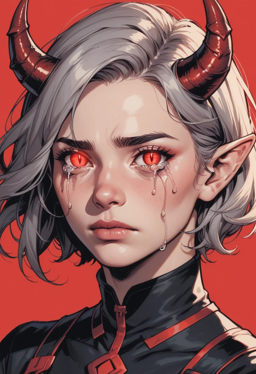 1girl, solo, horns, crying, pointy ears, tears, looking at viewer, crying with eyes open, short hair, red eyes, portrait, slit pupils, glowing, runny makeup, glowing eyes, demon horns, closed mouth,  red background, turtleneck, zPDXL3, detailxl,