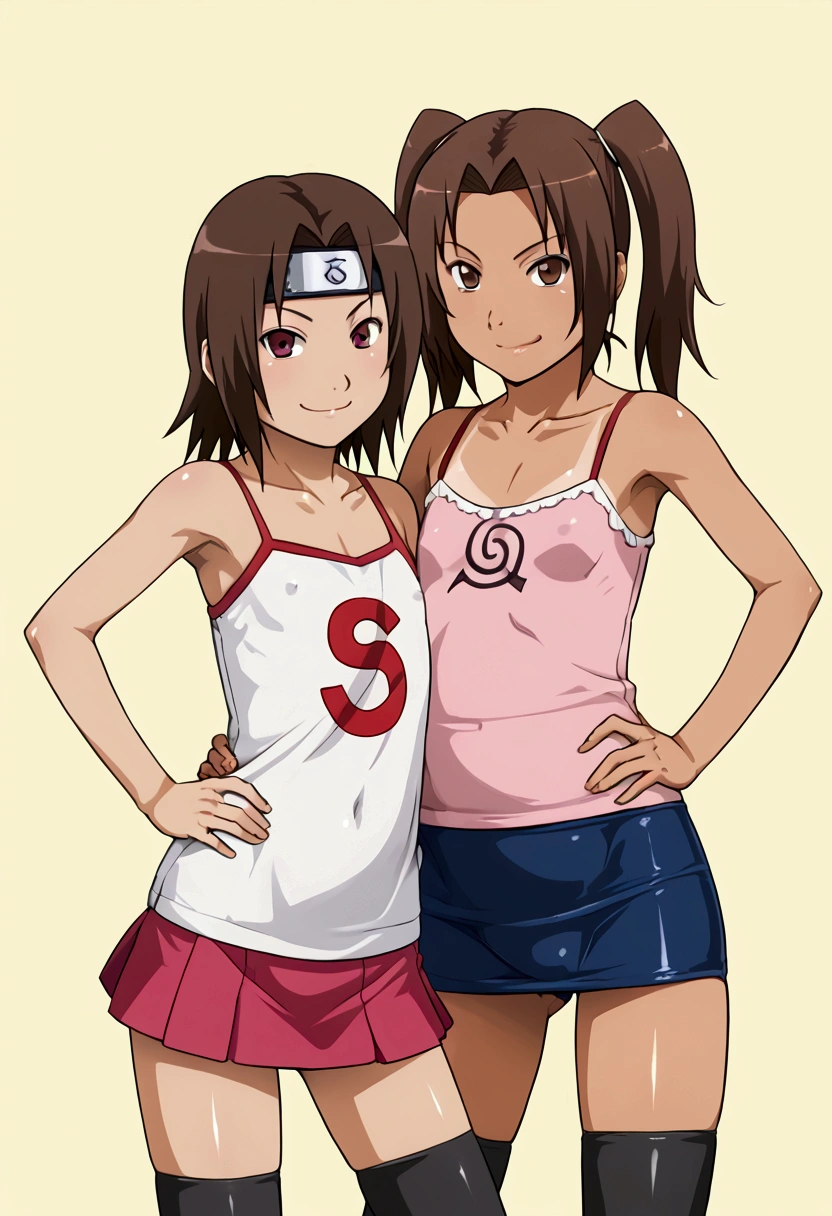 suntan,flat chested,smug face,camisole,female brat,brown hair twin tails,thighs,microskirt,super tight,hand on hip,print shirt,skirt,thighhighs,kurenai yuhi,