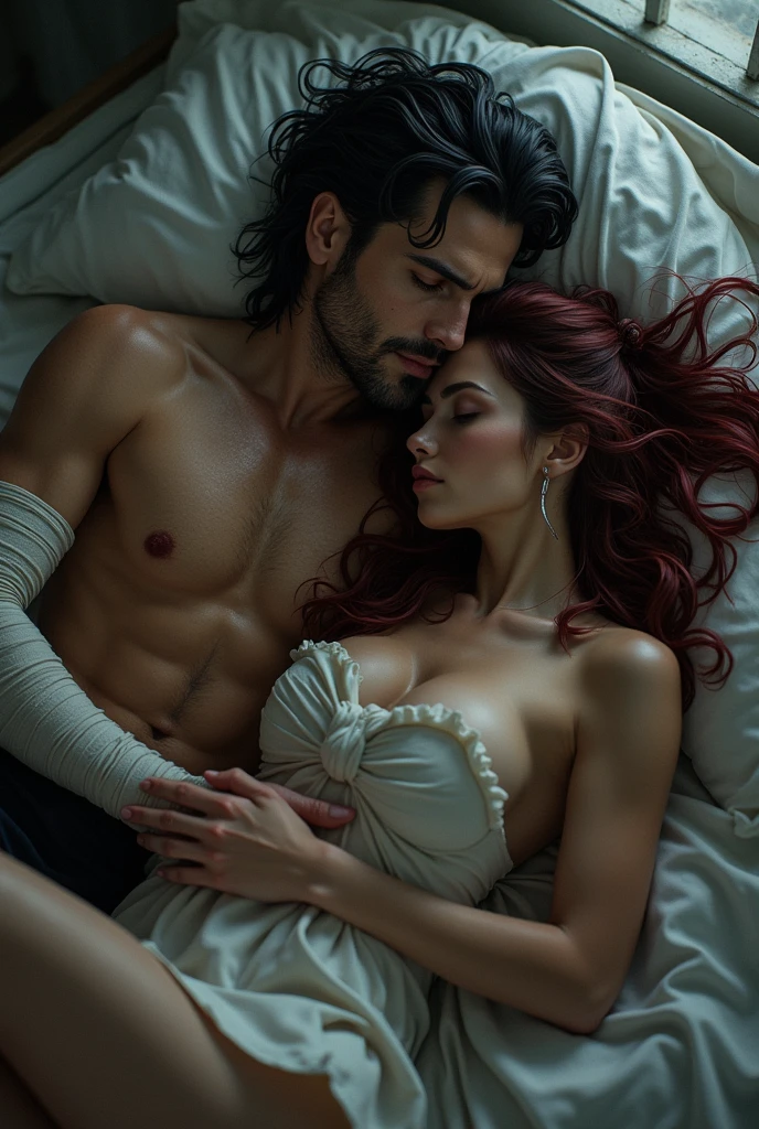 In a dim, cluttered room overflowing with fast food wrappers and greasy takeout containers, a statuesque, goddess-like woman with long, flowing black hair stands triumphantly beside a bed where her defeated boyfriend lies utterly powerless. His once-proud, muscular body is now grotesquely bloated and soft, his enormous belly spilling over the edge of the mattress, a humiliating testament to his downfall.

The woman’s face is alight with cruel joy as she laughs, her voice dripping with mockery. Her long black hair cascades over her shoulders as she revels in the power she now holds over him, her fingers tracing and kneading the rolls of fat that cover his once-sculpted torso. Her laughter echoes through the room, growing louder and more piercing with every squeeze of his flesh.

The man, clean-shaven and lying supine on the bed, sobs uncontrollably, his once-handsome features now distorted by sadness and humiliation. His eyes, brimming with tears, stare blankly at the ceiling, his cheeks wet with tears that mingle with the greasy stains on his clothes. The bed is a chaotic mess, with food remnants and stains scattered around him, evidence of the relentless, cruel feast he has endured.

A framed photo on the wall captures a painful reminder of his past—a time when he was tall, muscular, and confident beside a woman who was far less dominant. The contrast between the past and present is brutal, highlighting his complete degradation. The harsh lighting casts deep shadows, accentuating every detail of his humiliation—the grotesque rolls of fat, the smirk on her lips, and the tears streaming down his face. He lies broken and powerless, overwhelmed by the sheer dominance of the woman who now controls not just his body, but his very soul.