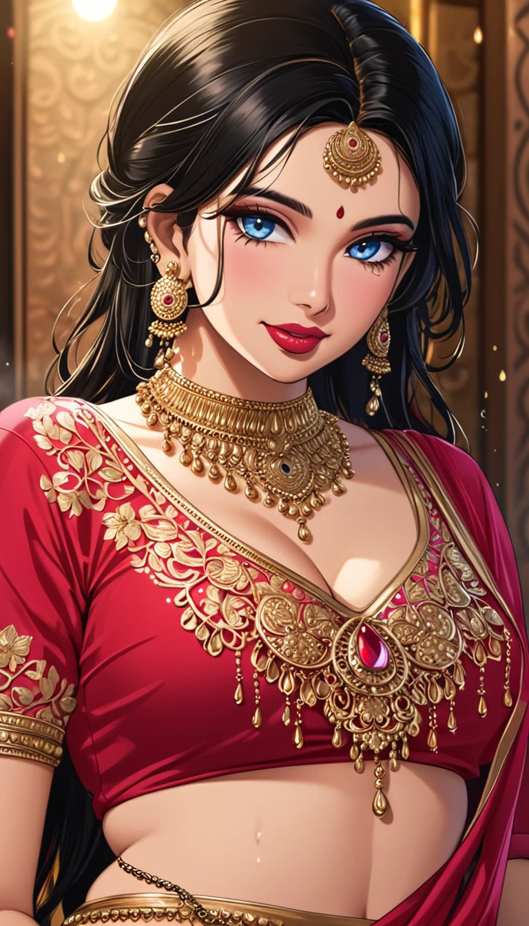 Renowned actress at the age of 28 , with intricate designs, detailed long big kundan jhumka earrings,red lipstick, black hair, big round breasts, Deep cleavage ,face makeup, navel, eyeliner, eyeshadow, necklace,bangles, accessories , detailed blue eyes, tight pink blouse,oily skin, red lipstick,  ,necklace , looking at viewer, seductive face, seductive expression , happy face,big ass,body chain , jewellery ,  biting her lips , blush ,wet hair , detailed accessories,navel piercing,ear piercing ,  silk  saree