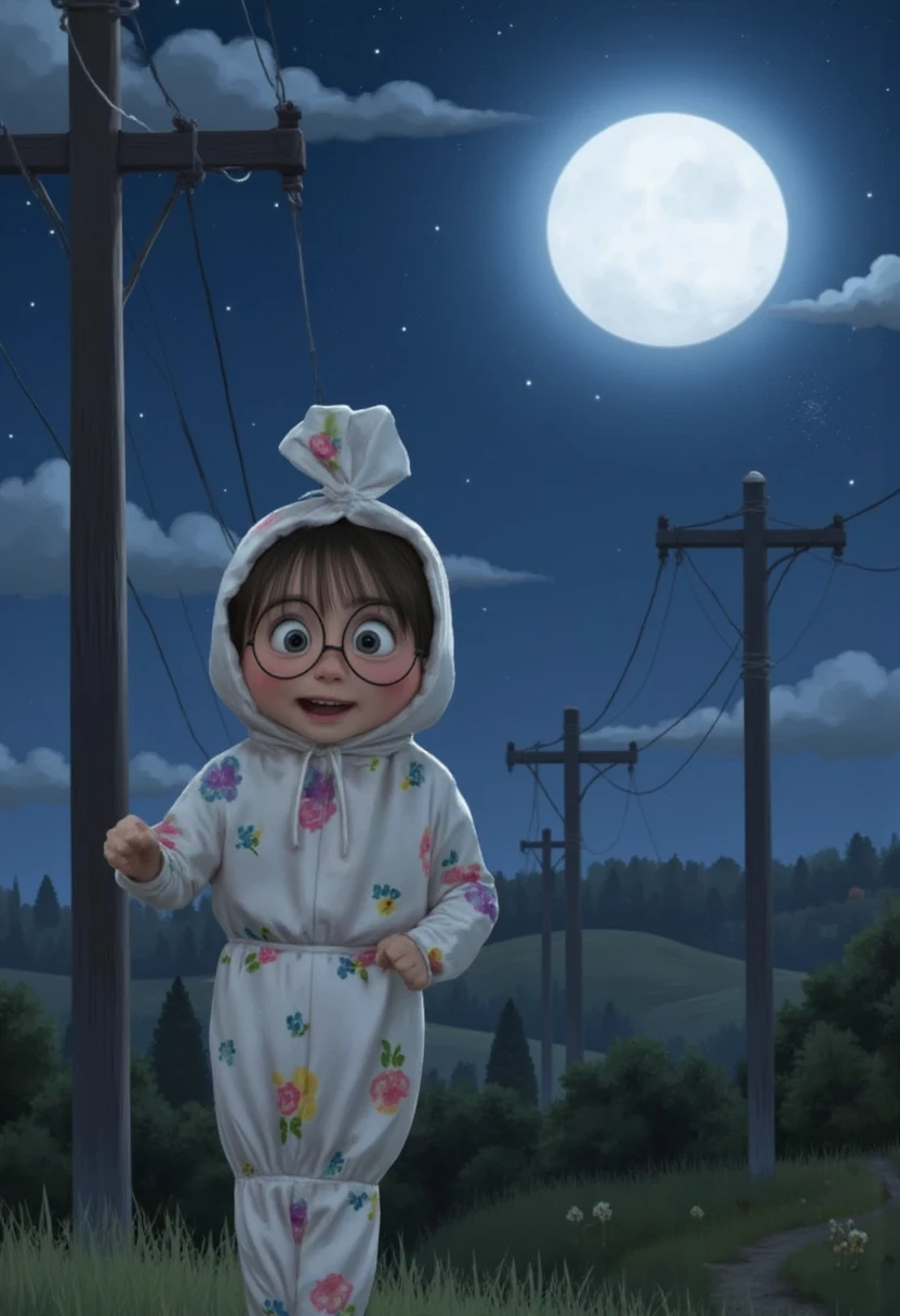 cute pocong, cute nerdy , with big round glasses, jumping happily between electric poles, the night moon shining on his white patterned shroud with colorful flowers. His laughter echoes in the air as he dances with the wind, spreading joy wherever he goes. pixar vibrant color 3D animation image style.