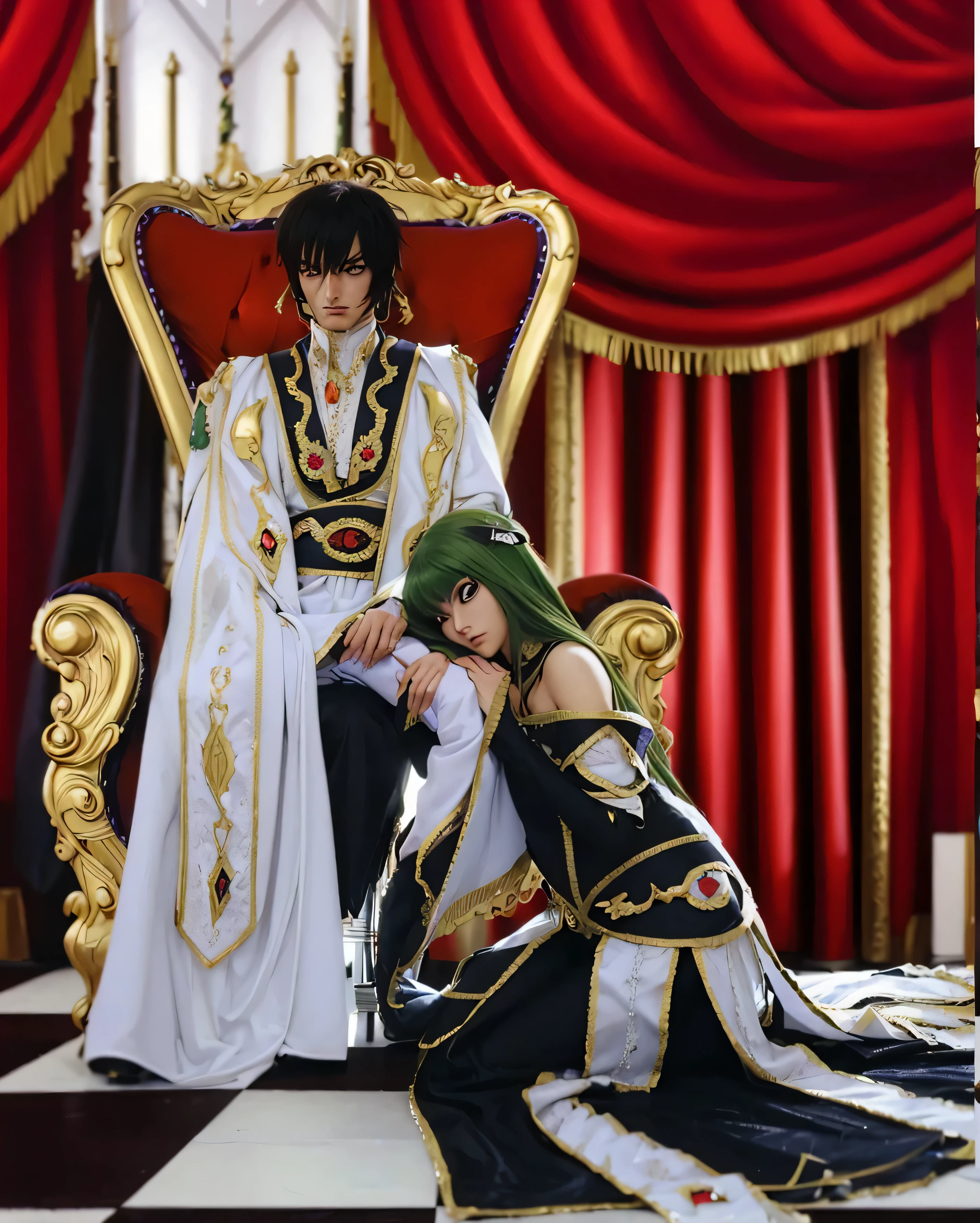 (LELOUCH DAN C.C EMPEROR_CODE GEASS),((realistic, photorealistic)),(highlight hair)), Light reflection, (( HD )),((upper body)), (((best quality, masterpiece))), (masterpiece) (best quality) (detail) (8k) (HDR) (wallpaper) (cinematic lighting) (sharp focuasterpiece, best quality: 1.1), Real life adaption of this character, realistic outfit, realistic shadow, realistic light, realism, hyper realistic, realistic background,realistic hair,(photorealistic:1.2), (masterpiece: 1.2), (best quality: 1.3), (clear details: 1.3), ((((ultra-detailed)))), ((detailed eyes)), (extremely detailed face:1.4), (highly detailed eyelash:1.6),
(Masterpiece, Best quality, best shadow), (detailed background),(masterpiece, best quality:1.2), lelouch lamperouge, Two people in one picture,, holding mask, looking at viewer, standing, short hair, purple eyes, geass black cape, black gloves, brown hair, cape, formal, gloves, high collar, long sleeves, mask, pants, purple footwear, purple pants, purple suit, suit, professional lightning, spotlight,  core_9, score_8_up, score_7_up, score_6_up, score_5_up, score_4_up, BREAK source_anime, c.c., yellow eyes, green hair, long hair,medium breasts, white bodysuit, straitjacket, white long sleeves, white wide sleeves, standing,Red curtain background, royal chair, sitting on a chair, black and white floor,