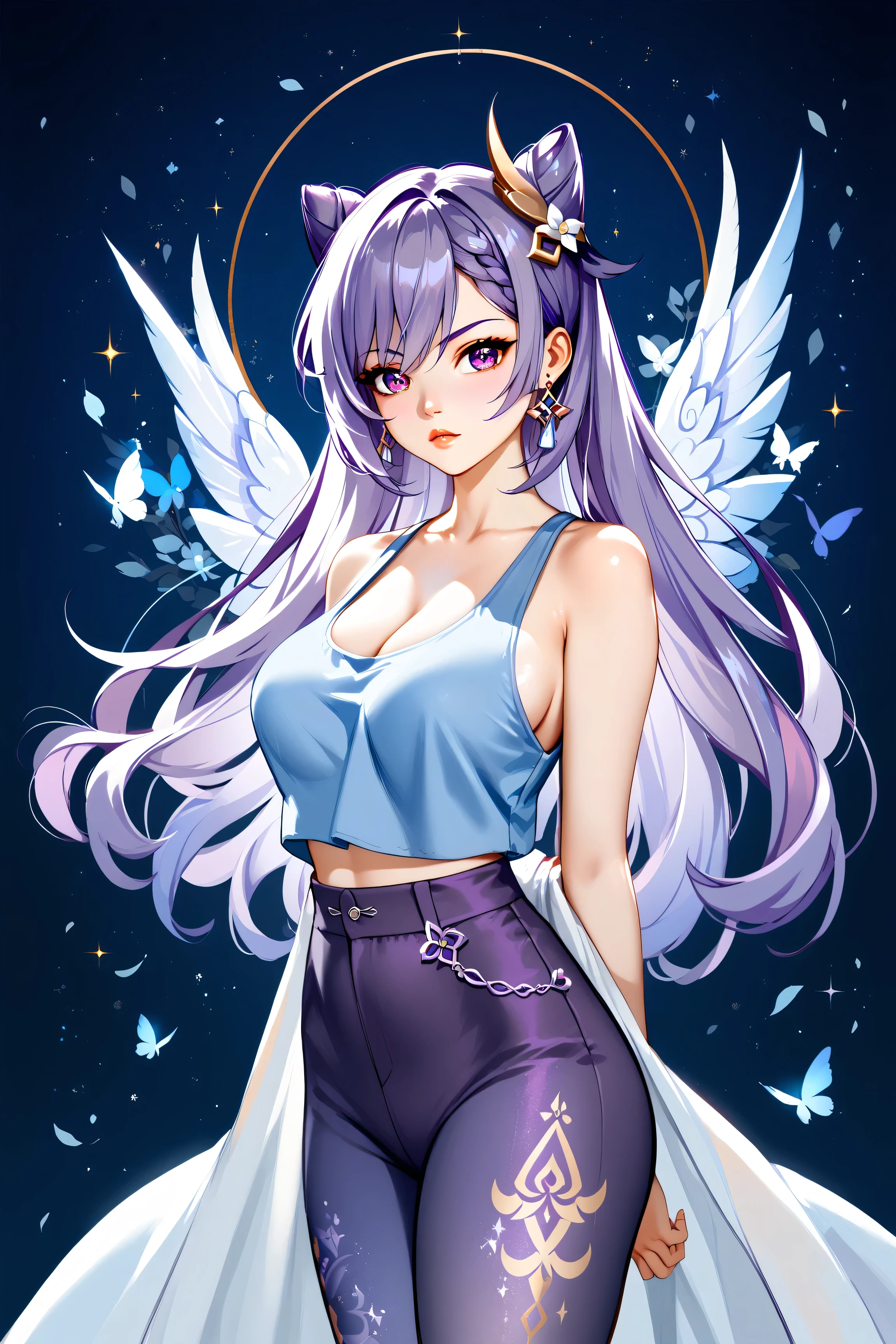 Keqing from Genshin Impact, purple hair, flowing purple eyes, large breasts, and thick thighs, standing in a relaxed contrapposto pose with her hands behind her back, she’s facing viewer straight, having a dramatic, neutral expression on her young face, her tank top revealing pronounced cleavage and sideboob, her long hair fluttering in the wind, with a pale color gradation, blending retro elements, contemporary digital art, and surrealism, with intricate details, 