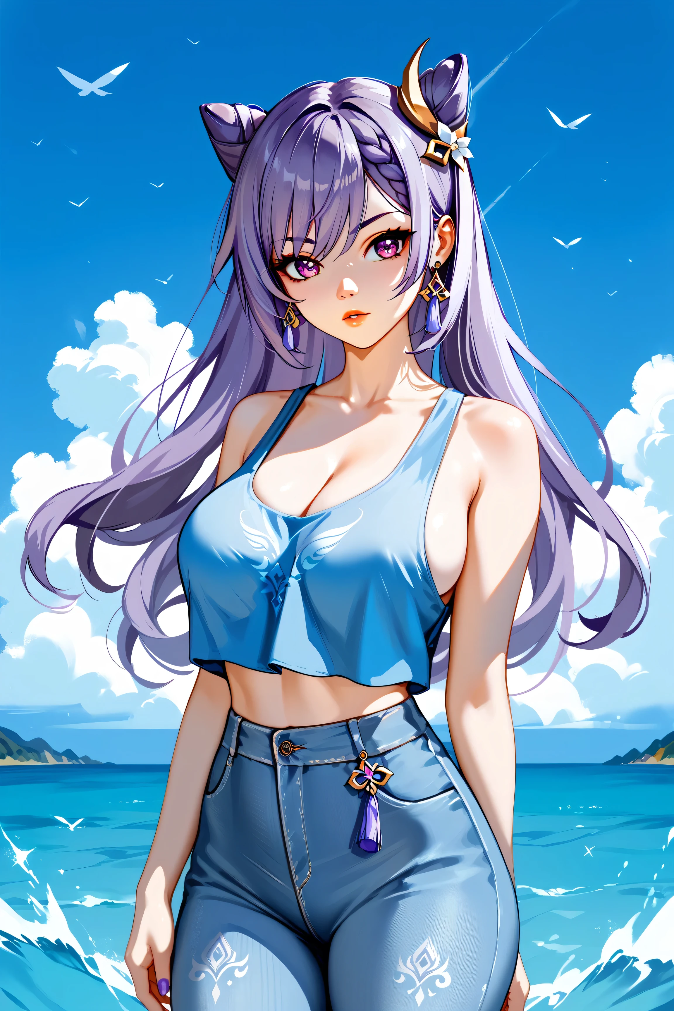 Keqing from Genshin Impact, purple hair, flowing purple eyes, large breasts, and thick thighs, standing in a relaxed contrapposto pose with her hands behind her back, she’s facing viewer straight, having a dramatic, neutral expression on her young face, her tank top revealing pronounced cleavage and sideboob, her long hair fluttering in the wind, with a pale color gradation, blending retro elements, contemporary digital art, and surrealism, with intricate details, 