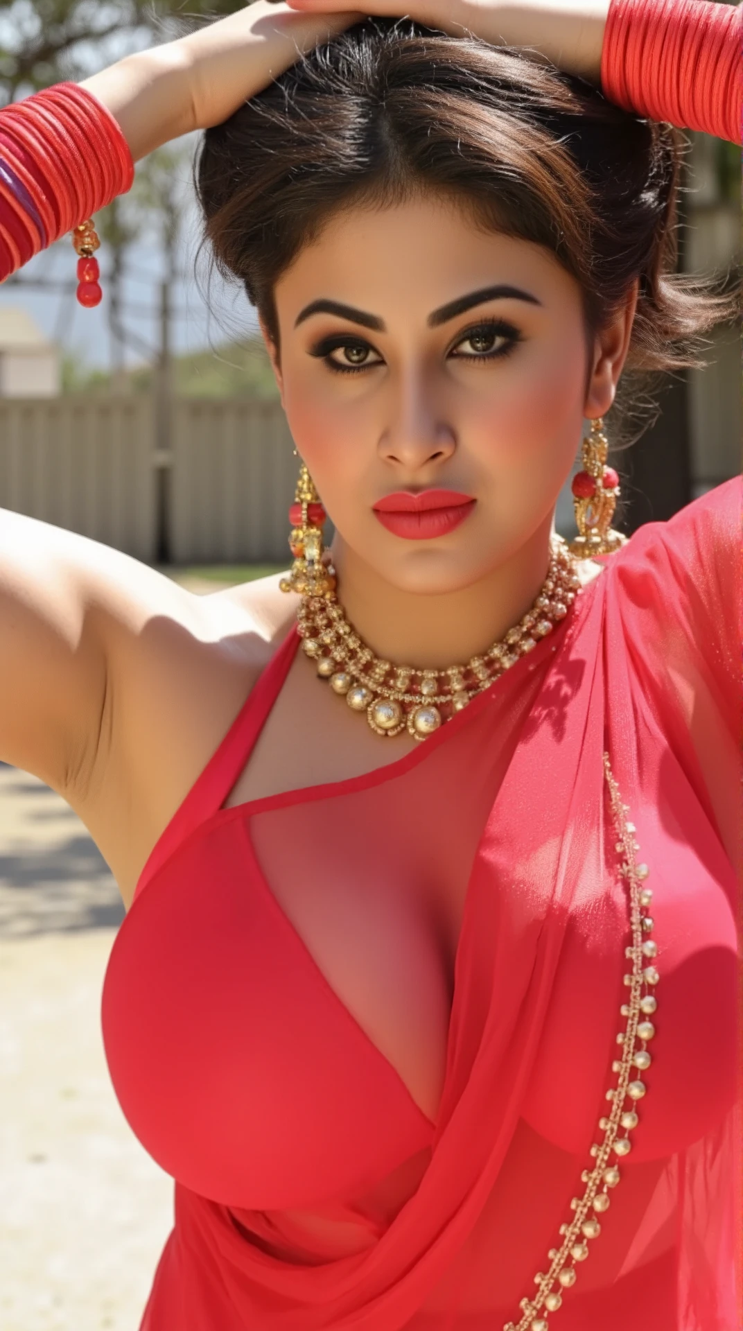 Four Indian beautiful woman sexy alluring face bhabhi, Mouth slightly open, Kajal in eyes, heavy mascara, Giving sexy look to viewer's, big long bell earrings, Both hand's stretched up above the head showing dark hairy stubble armpits, Golden long necklace, Sleeveless bikini blouse, very deep cleavage, wearing Dark Red glossy transparent color saree, red nail polish, plenty red bangles in hand, red dark medium bindi on fore head, Red dark lipstick, heavy bridal makeup, facing to camera in Squat posture, Wearing black High heels sandals, big large m-cup breasts, deep cleavage, huge breasts, side bun hairstyle, bright eyes, thin eyebrows, fair skin, blushing cheeks, perfect, head to thigh view, bright sunlight, oily sweaty shiny detailed skin.