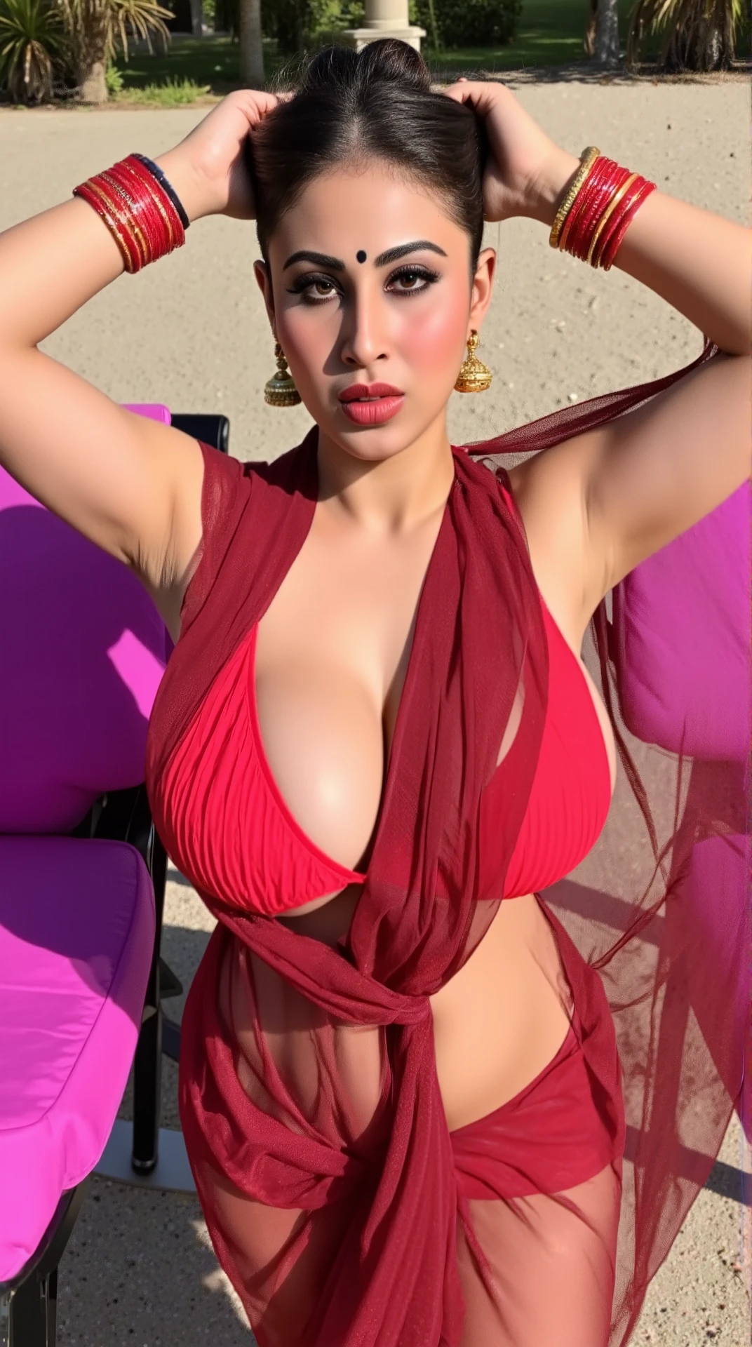 Four Indian beautiful woman sexy alluring face bhabhi, Mouth slightly open, Kajal in eyes, heavy mascara, Giving sexy look to viewer's, big long bell earrings, Both hand's stretched up above the head showing dark hairy stubble armpits, Golden long necklace, Sleeveless bikini blouse, very deep cleavage, wearing Dark Red glossy transparent color saree, red nail polish, plenty red bangles in hand, red dark medium bindi on fore head, Red dark lipstick, heavy bridal makeup, facing to camera in Squat posture, Wearing black High heels sandals, big large m-cup breasts, deep cleavage, huge breasts, side bun hairstyle, bright eyes, thin eyebrows, fair skin, blushing cheeks, perfect, head to thigh view, bright sunlight, oily sweaty shiny detailed skin.