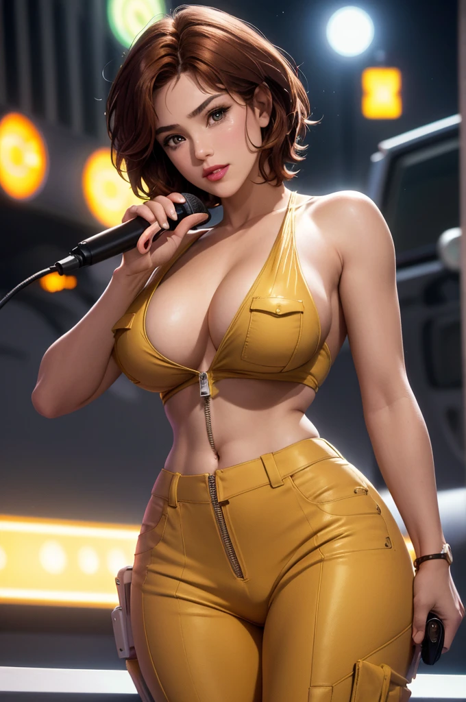 direct, Upper body, alone, breaking cartoon_Avril_O'neill_TMNT_,
brown hair, short hair, breast, brown eyes, large breast, lips, cosmetic, clavicle, lipstick, 
split, rolled up sleeves, One-piece Pants, watch, decompressed, zipper, Leucorrhea, Microphone in hand，
official art,Extremely detailed CG unified 8k wallpaper, perfect lighting,rich and colorful, bright_front_Face_light,shiny skin, (masterpiece:1.0),(the best_quality:1.0), 超high resolution,4K,Super detailed, photography, 8k, human development report, high resolution, (ridiculous:1.2), Kodak Portrait 400, film grain, blurred background, (Bokeh:1.2), lens flare, (energetic_color:1.2),Professional photos, (beautiful_Face:1.5),