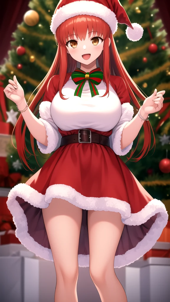 masterpiece, best quality, highres, girl, solo, looking at viewer, Shirou Emiya, Red hair, Brown Eyes, large breasts, merry christmas Dress, standing, smile, open mouth,