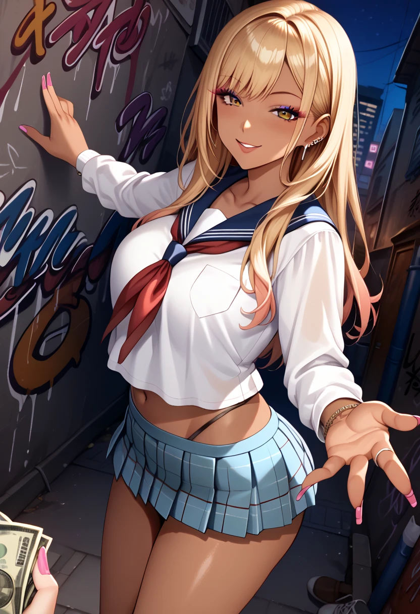 score_9, score_8_up, score_7_up, source_anime, 1girl, kitagawa marin, blond hair, long hair, gyaru, straight hair, makeup, (dark-skinned female:1.2), girl, beautiful face, detailed eyes,slim body,mature female,side view, pov,looking at viewer, dutch angle, navel, large breasts,seductive smile, parted lips, collarbone, white serafuku, sleeve less, blue sailor collar, red neckerchief, plaid pleated micro skirt,shirt overhang, reaching to grab money, money, alley, (graffiti), love hotel,night,leaning back, against wall, people in background,,