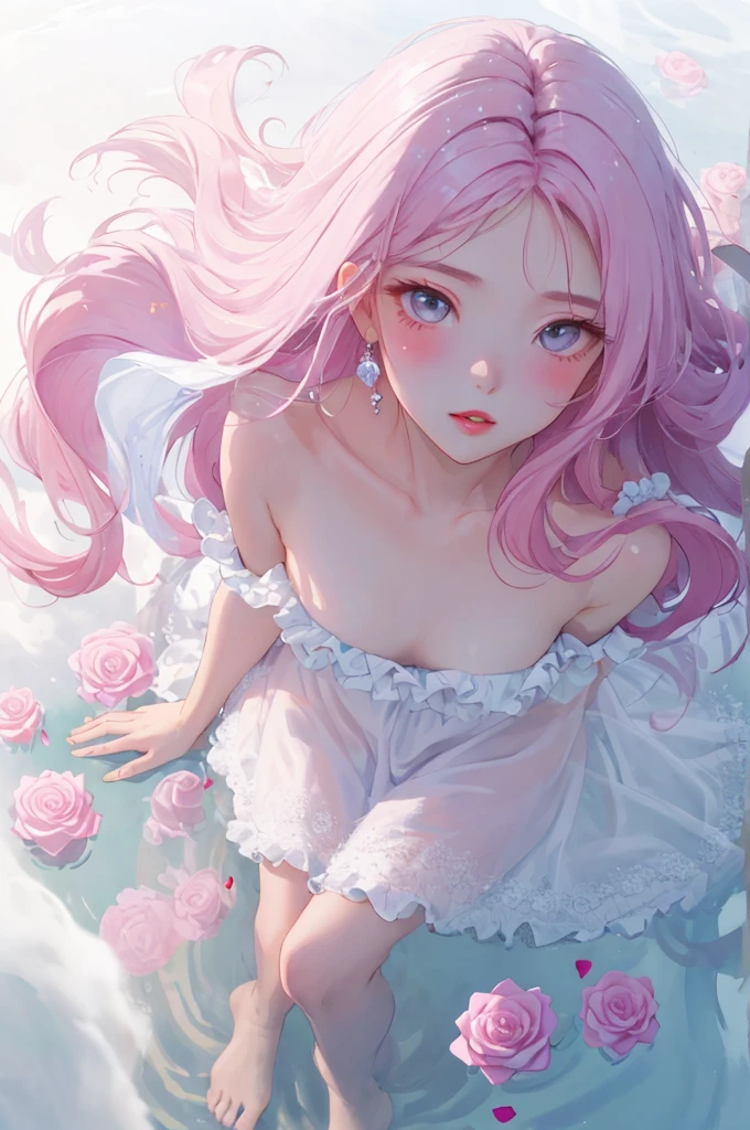  １  beautiful girl、  from directly above、Distance、whole body、Gentle Eyes  、  pink lips、 Brush、 skin texture、 shoulder、Rose scent from feet 、  Misty Dress  、frills、cool、 delicate soft  、  Sparkling Reflections  、  natural pink super long hair、 Fusion with fog  、White thick fog 、Surprisingly full of roses、Blur、 Warm Light、 high definition 