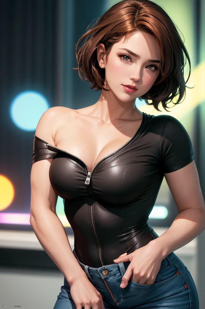 direct, Upper body, alone, breaking cartoon_Avril_O'neill_TMNT_,
brown hair, short hair, breast, brown eyes, large breast, lips, cosmetic, clavicle, lipstick, 
split, rolled up sleeves, One-piece Pants, watch, decompressed, zipper, Leucorrhea, Microphone in hand，
official art,Extremely detailed CG unified 8k wallpaper, perfect lighting,rich and colorful, bright_front_Face_light,shiny skin, (masterpiece:1.0),(the best_quality:1.0), 超high resolution,4K,Super detailed, photography, 8k, human development report, high resolution, (ridiculous:1.2), Kodak Portrait 400, film grain, blurred background, (Bokeh:1.2), lens flare, (energetic_color:1.2),Professional photos, (beautiful_Face:1.5),