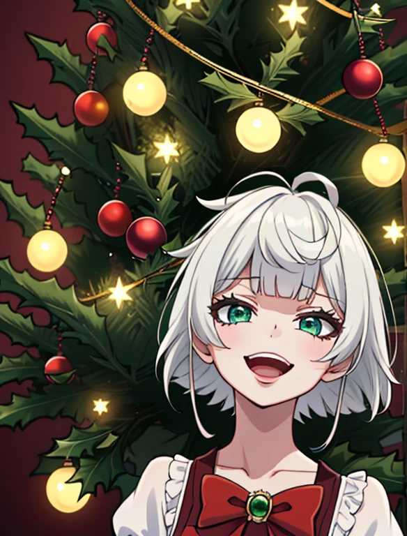 {red and green and black theme, Christmas theme}, 1girl, solo, dress, short hair, (upper body:1.3), white hair, black and red frilled dress, pantyhose, smile, bow, blunt bangs, open mouth, red footwear, puffy sleeves,  red bow, christmas,  flower, hair ornament,  open eyes, merry christmas, green leaves, green, Christmas decoration, (false holly:1.3, European holly:1.3,English holly:1.3, Christmas tree background intricate detailed:1.5), masterpiece, best quality, ultra detailed, ethereal_ornaments, celestial_jewels, ornamental_detail, symmetric_design, hanging_jewels, celestial_motif, fantasy_lighting, dark_background