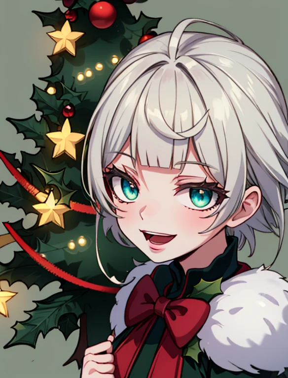 {red and green and black theme, Christmas theme}, 1girl, solo, dress, short hair, (upper body:1.3), white hair, black and red frilled dress, pantyhose, smile, bow, blunt bangs, open mouth, red footwear, puffy sleeves,  red bow, christmas,  flower, hair ornament,  open eyes, merry christmas, green leaves, green, Christmas decoration, (false holly:1.3, European holly:1.3,English holly:1.3, Christmas tree background intricate detailed:1.5), masterpiece, best quality, ultra detailed, ethereal_ornaments, celestial_jewels, ornamental_detail, symmetric_design, hanging_jewels, celestial_motif, fantasy_lighting, dark_background