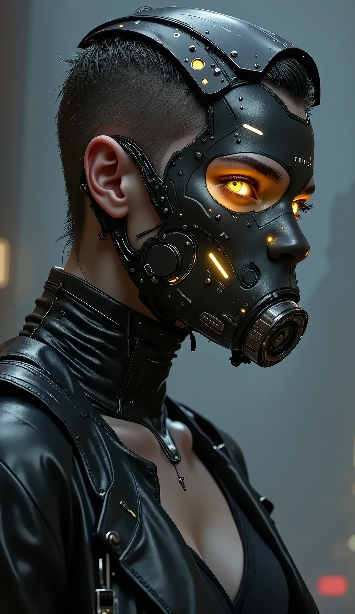 male,  He wears a black gas mask that covers his face  . in front of the camera ,  dynamic pose , , The gas mask has yellow details and yellow details on the eyes and the filter.,  Black clothing with cyberpunk design  ,  Metallic texture y mechanical decorations in some places  ., deep black sweatshirt  , Thin and tall,  Tight clothing with visible body lines . .,  in front of the camera ,  Composition like a scene from a movie  ,  Dutch angle  , implacable, calm, cruel, and ruthless  . Thin and tall,  Tight clothing that reveals body lines . .,  drawn to the upper body  ,  waiting with interest  ,  Composition like a scene from a movie  ,  Dutch angle  , implacable and calm,  relentless and relentless in its pursuit of its opponents  ,  Cold-blooded thinking with no means to an end  ,  Air pollution and toxic fumes in the air  , dystopian environment .