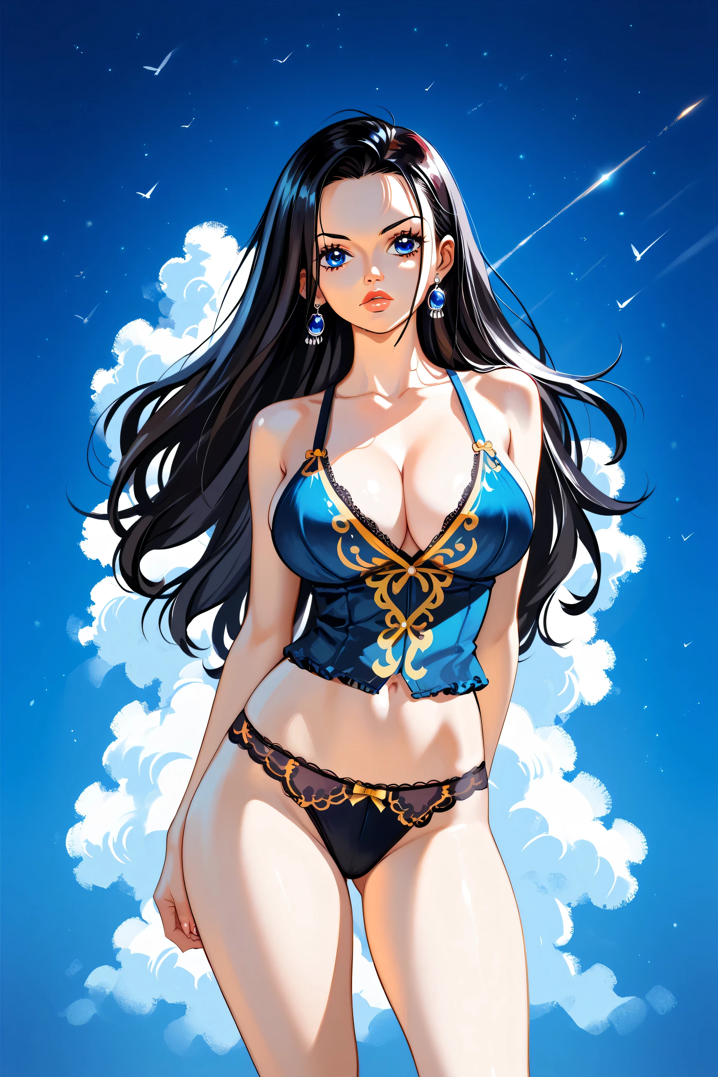 Robin from One Piece, black hair, blue eyes, large breasts, and thick thighs, lingerie, standing in a relaxed contrapposto pose with her hands behind her back, she’s facing viewer straight, having a dramatic, neutral expression on her young face, her tank top revealing pronounced cleavage and sideboob, her long hair fluttering in the wind, with a pale color gradation, blending retro elements, contemporary digital art, and surrealism, with intricate details,