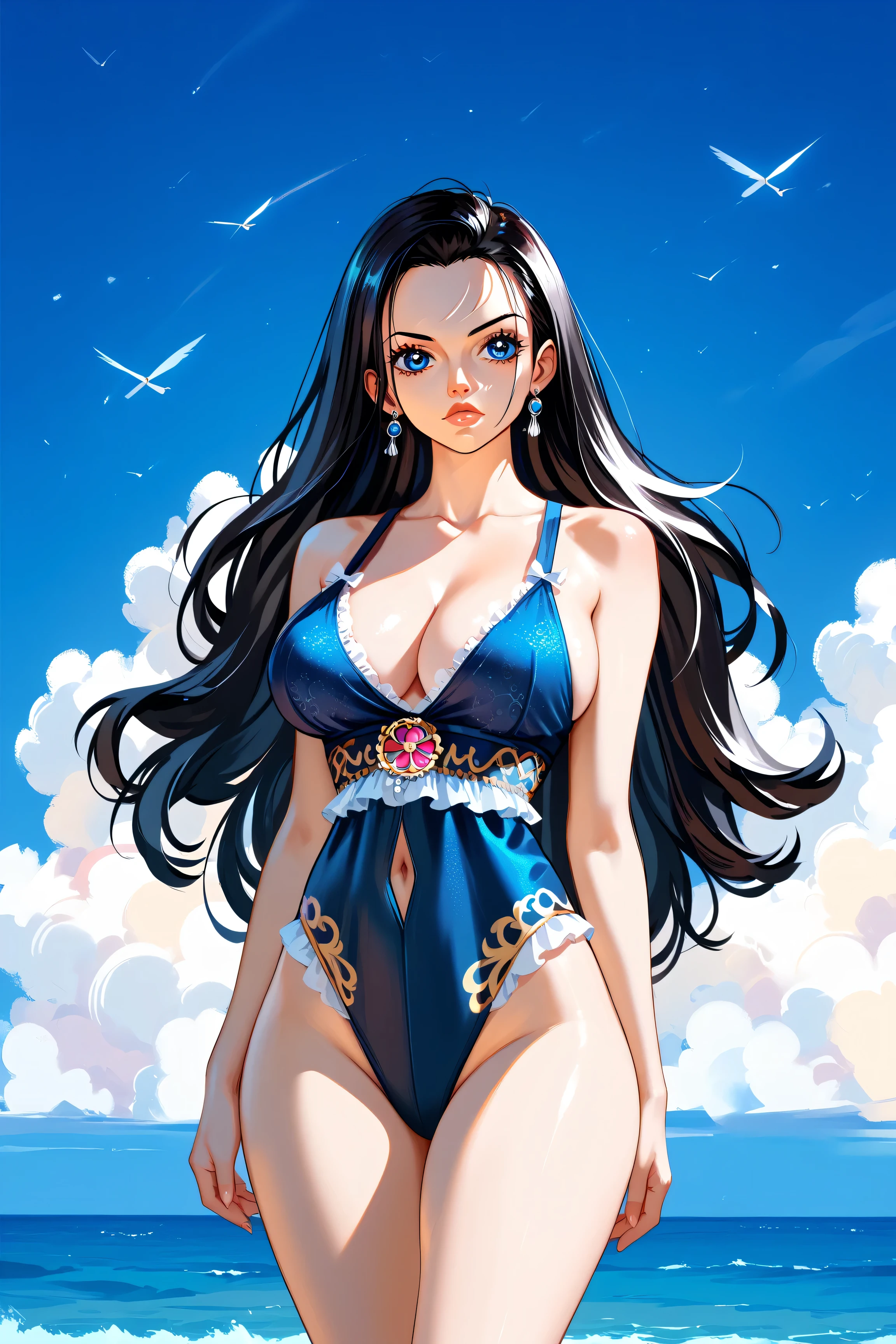 Robin from One Piece, black hair, blue eyes, large breasts, and thick thighs, lingerie, standing in a relaxed contrapposto pose with her hands behind her back, she’s facing viewer straight, having a dramatic, neutral expression on her young face, her tank top revealing pronounced cleavage and sideboob, her long hair fluttering in the wind, with a pale color gradation, blending retro elements, contemporary digital art, and surrealism, with intricate details,