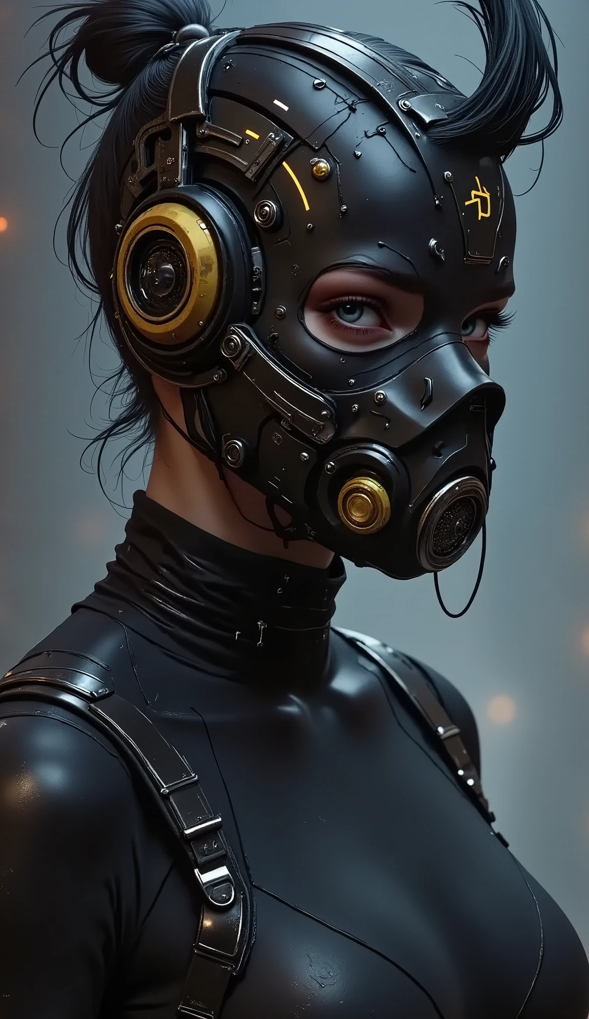 male,  He wears a black gas mask that covers his face  . in front of the camera ,  dynamic pose , , The gas mask has yellow details and yellow details on the eyes and the filter.,  Black clothing with cyberpunk design  ,  Metallic texture y mechanical decorations in some places  ., deep black sweatshirt  , Thin and tall,  Tight clothing with visible body lines . .,  in front of the camera ,  Composition like a scene from a movie  ,  Dutch angle  , implacable, calm, cruel, and ruthless  . Thin and tall,  Tight clothing that reveals body lines . .,  drawn to the upper body  ,  waiting with interest  ,  Composition like a scene from a movie  ,  Dutch angle  , implacable and calm,  relentless and relentless in its pursuit of its opponents  ,  Cold-blooded thinking with no means to an end  ,  Air pollution and toxic fumes in the air  , dystopian environment .