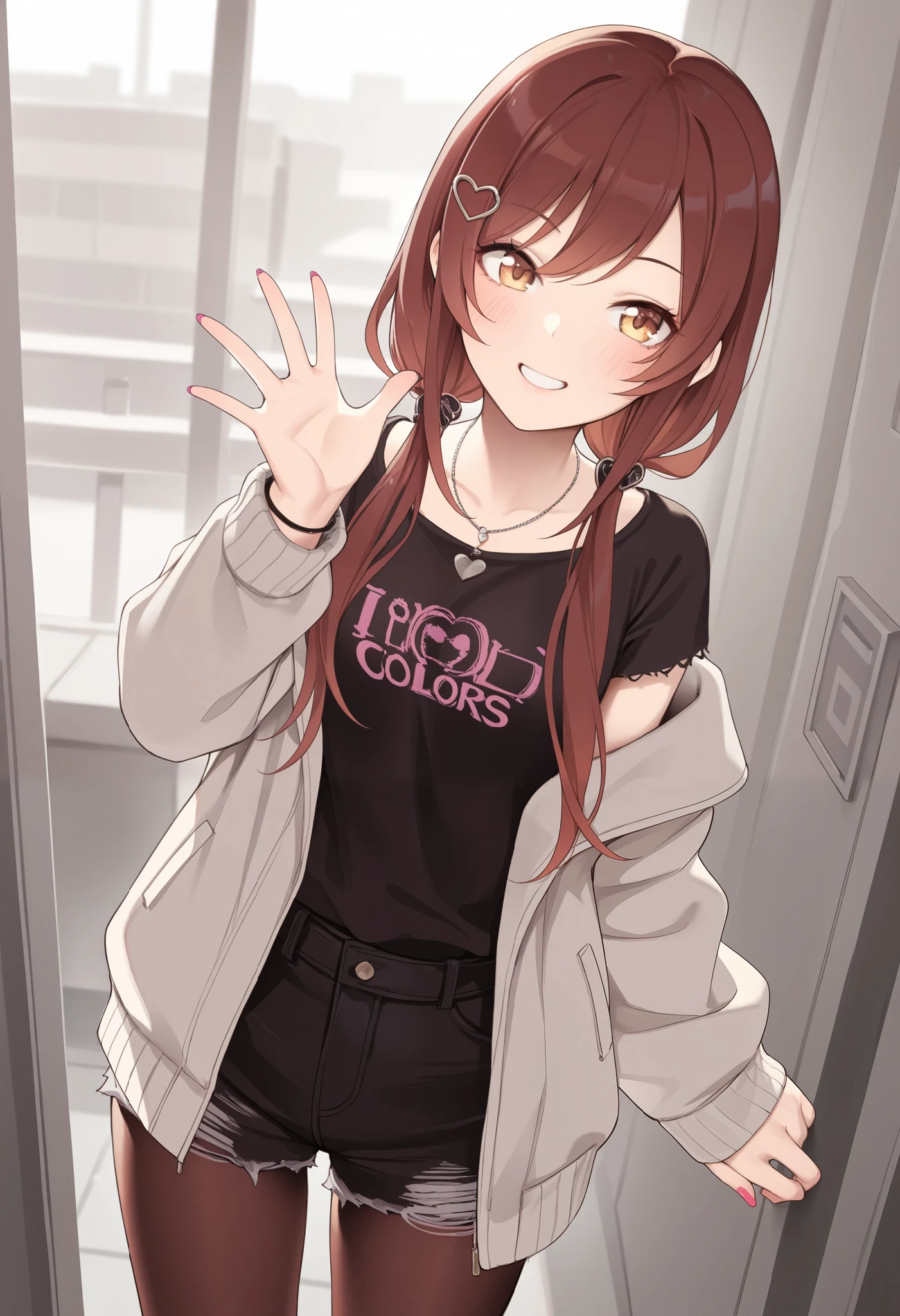 1girl,osaki amana,idolmaster shiny colors, black shirt, black shorts, brown eyes, brown hair, brown pantyhose, cutoffs, grin, hair ornament, hair over shoulder, hand up, heart, heart hair ornament, jacket, jewelry, long hair, long sleeves, low twintails, nail polish, necklace, off shoulder, open,asutora,nanahara fuyuki,ruo zhishi chu jian,yueko \(jiayue wu\),colis,masterpiece, best quality, amazing quality, very aesthetic, absurdres,newest,huge filesize,