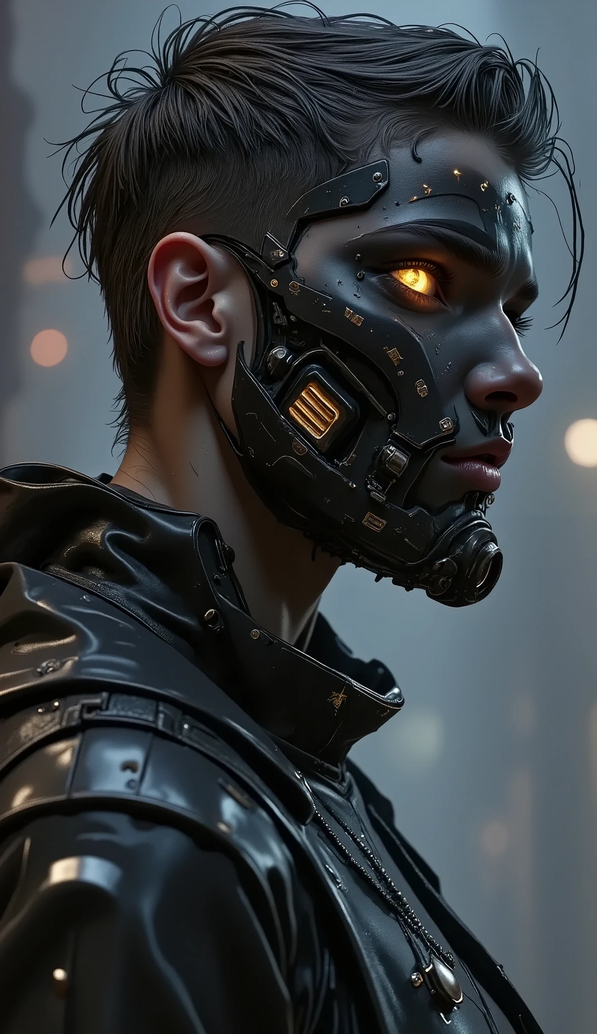 male, young man,  He wears a black gas mask that covers his face  . in front of the camera ,  dynamic pose , , The gas mask has yellow details and yellow details on the eyes and the filter.,  Black clothing with cyberpunk design  ,  Metallic texture y mechanical decorations in some places  ., deep black sweatshirt  , Thin and tall,  Tight clothing with visible body lines . .,  in front of the camera ,  Composition like a scene from a movie  ,  Dutch angle  , implacable, calm, cruel, and ruthless  . Thin and tall,  Tight clothing that reveals body lines . .,  drawn to the upper body  ,  waiting with interest  ,  Composition like a scene from a movie  ,  Dutch angle  , implacable and calm,  relentless and relentless in its pursuit of its opponents  ,  Cold-blooded thinking with no means to an end  ,  Air pollution and toxic fumes in the air  , dystopian environment .