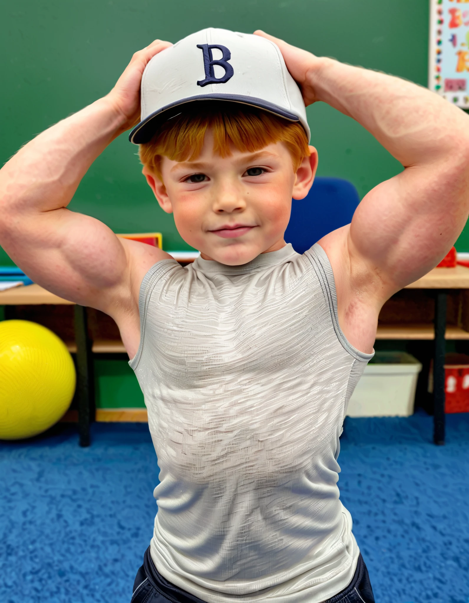 A photo of a super dumb young seven years old male bodybuilder Innocent face idiot expression super muscular blonde redhead handsome dumb face roided giant muscles full kindergarten classroom wearing a super tight shirt tight biceps flexing giant ever muscles hands behind head armpits massive erect cock penis pale tattooed baseball cap smirk
