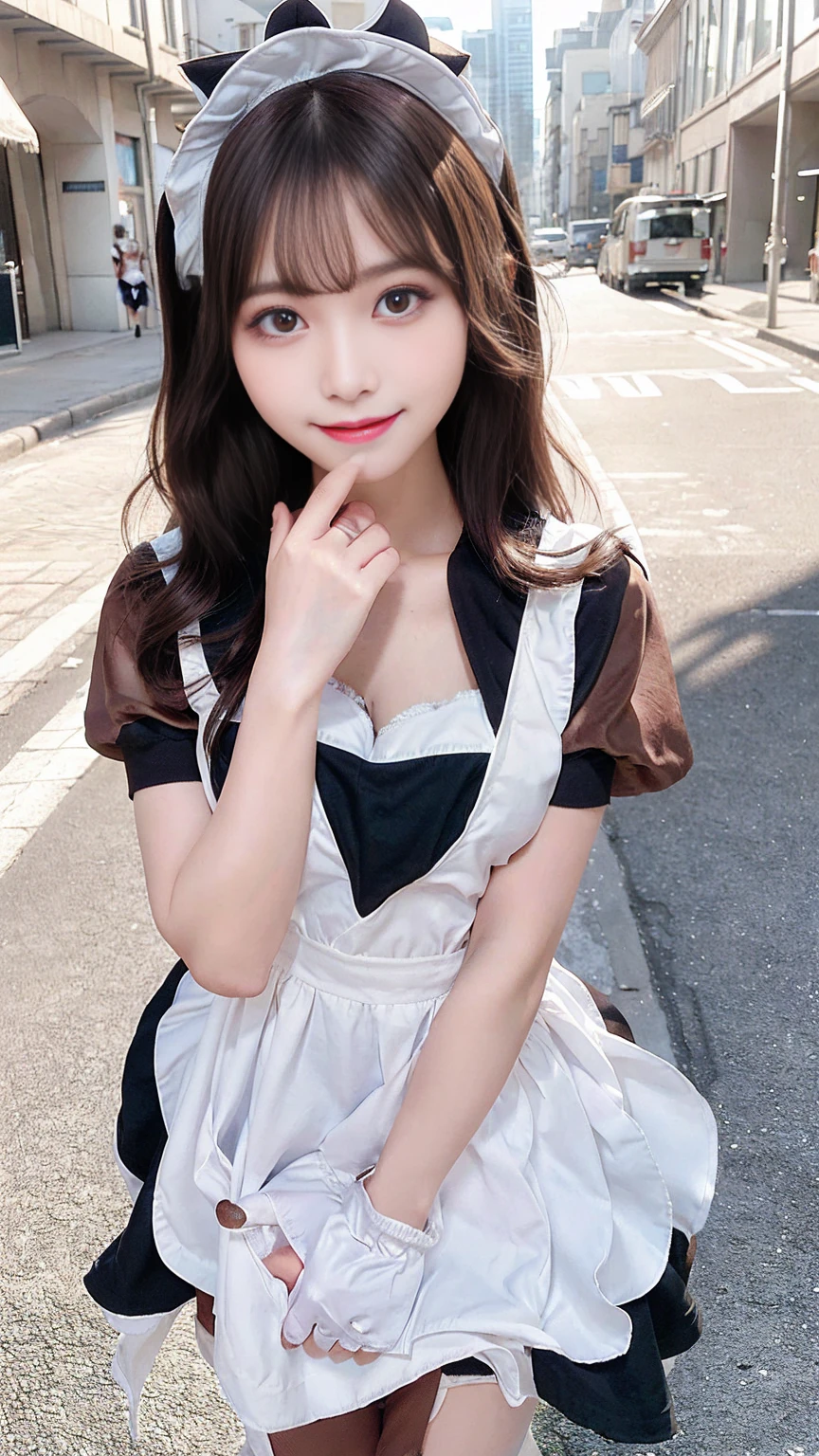 One girl, (((Pink Maid))),Highest Quality, in 8K,Large exposed bust、 masutepiece:1.3, Black hair, Ultra-detailed face, Detailed eyes, Big Bust, Double eyelids, Best Smile,
,b3rli, Western Cafe