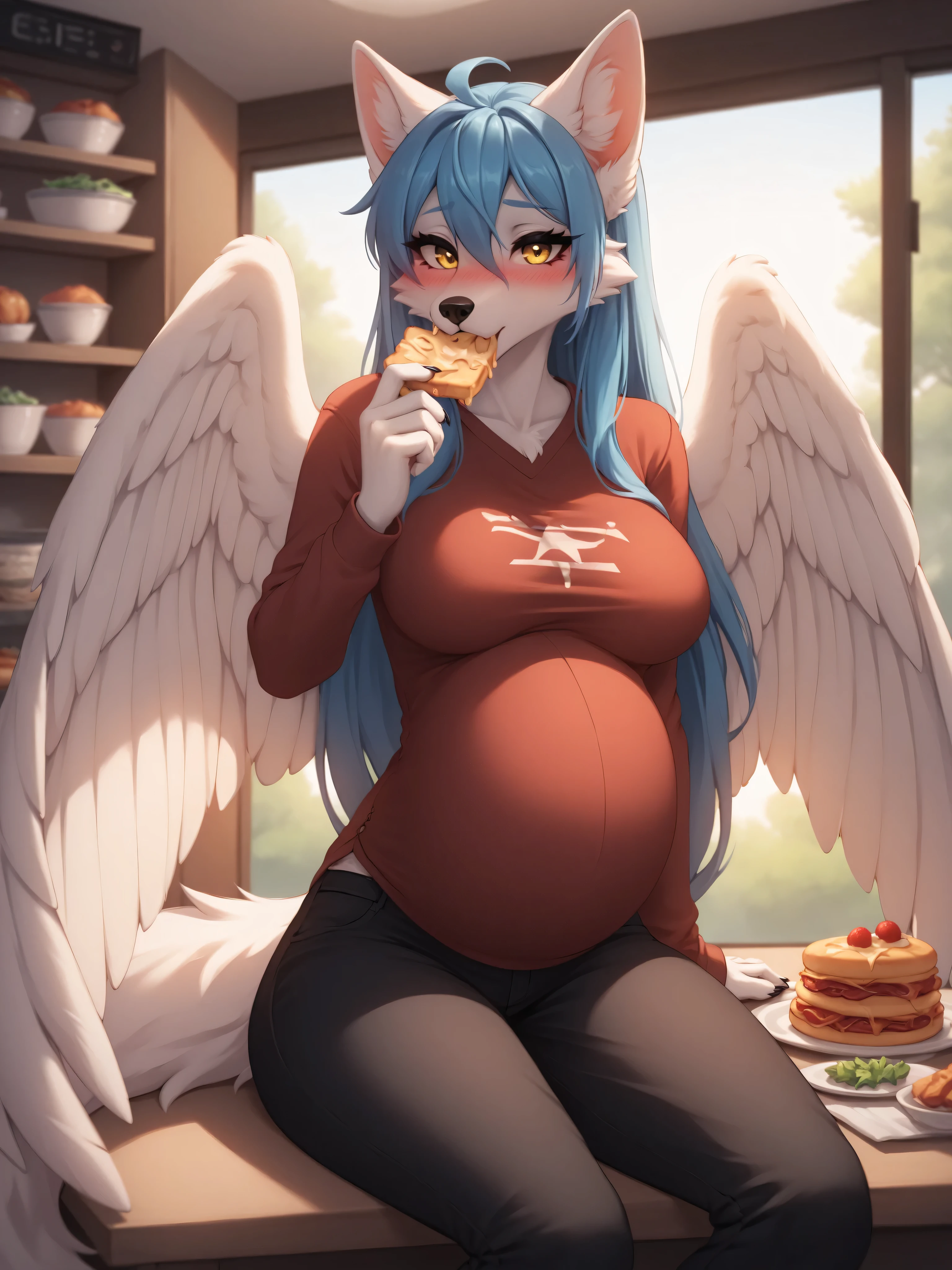 (4K HD Quality), score_9_up, score_8_up, score_6_up, anthro, solo, 1girl, female, furry, white fox, white body, blue hair, long thick hair, yellow eyes, fox white tail, white wings, fur wings, medium large breasts, 

blush, pregnant, looking at view, thick clothing, long sleeve shirt, long pants, shock face, sit, eat, dining room, food, eat a lot, 