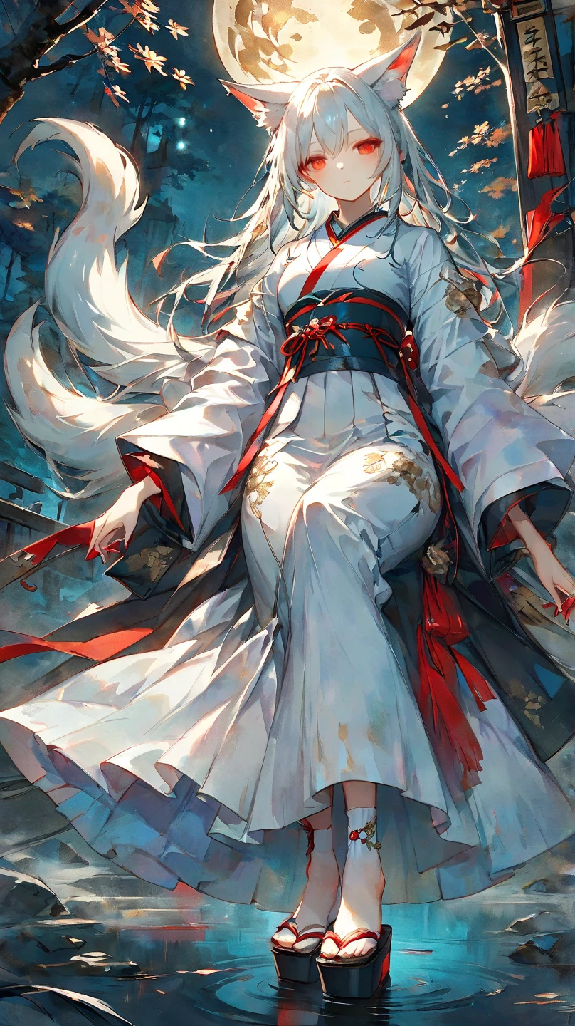 Masterpiece, highest resolution, highest quality, detailed depiction, beautiful, art, watercolor style, Japanese yokai, (beautiful face1.4),((full body shot1.4)), full-body illustration of a nine-tailed fox girl, personified as a young woman. She has long, flowing silver hair with subtle red highlights, reflecting a mystical glow. Her fox ears and nine fluffy tails are adorned with intricate ornaments inspired by ancient Japanese designs. She wears a blend of traditional Japanese kimono and modern fantasy elements, featuring a white and red color scheme with golden accents. Her footwear consists of elegant, traditional Japanese wooden sandals (geta) with red straps, complemented by white tabi socks with gold embroidery. The setting is an ethereal forest under the moonlight, but without any glowing foxfire orbs. Her expression is calm and enigmatic, exuding a sense of wisdom and allure,4K graphics.