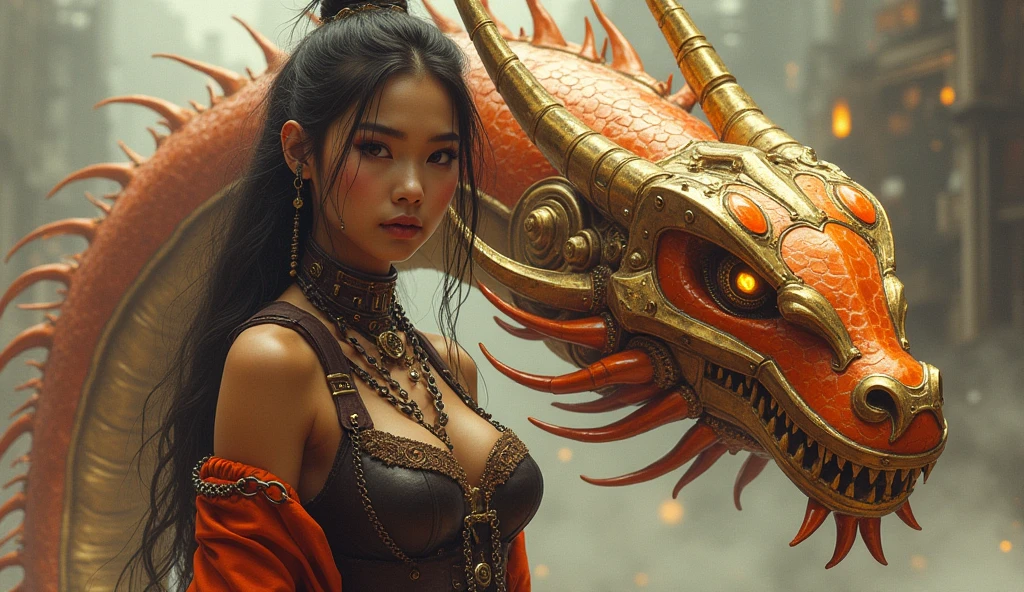 (masterpiece, best quality), ((Photorealistic)) beautiful Asian woman, (scene: side by side with a Chinese dragon in the old city), ((detailed fighting leather gear)), 25-year-old Asian woman with brown skin, perfect body, necklace, ((voluptuous curvaceous perfect body)), black wild hair, perfect face, beautiful face, alluring, gorgeous eyes, fierce, (background; ancient city of Peking)