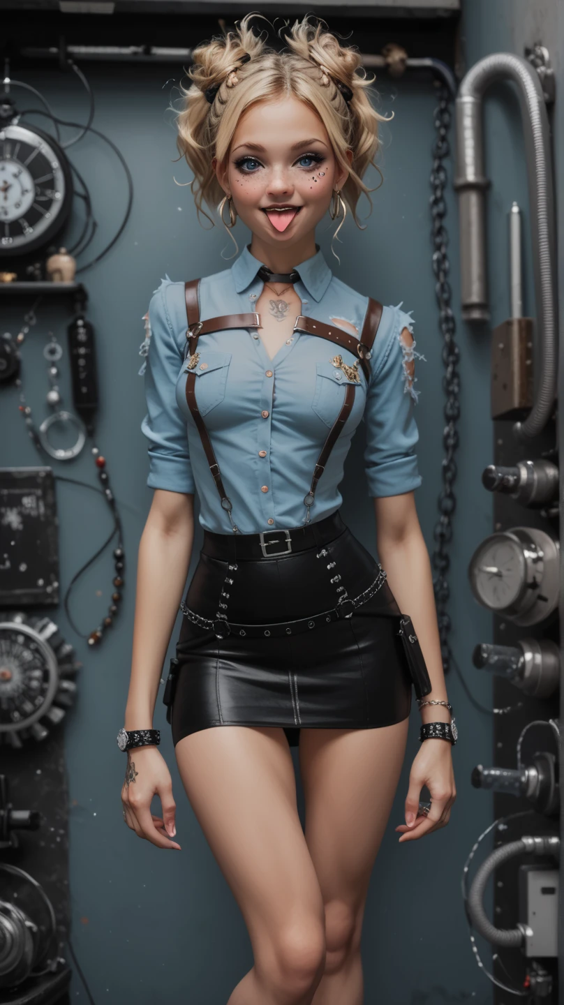 Please create an image of a young noodist woman with charming freckles, dressed in a revealing outfit with long blonde pigtail in a punk style and mesmerizing gray-blue eyes. Her slender body with rounded hips and big breast, open blouse, very expressive nippeles hints at sensuality. Tiny pantties, upskirt, a leather strips, and a tattoo "i love anal"on her right butttocks,prinkle nippeles, complete the look, perfect arrse,Black torn garters,SD3.5, masterpiece.ultra detailing face and eyes.1 девочка, Соло, Высокое разрешение, Шедевр, Реалистичная анатомия, Отмеченный наградами, Лучшее качество, Детально, HD-модель, Очень детально, Сверхвысокая чёткость, Атмосферная перспектива, dynamic light, long double exposure, sexy pose, show tongue.