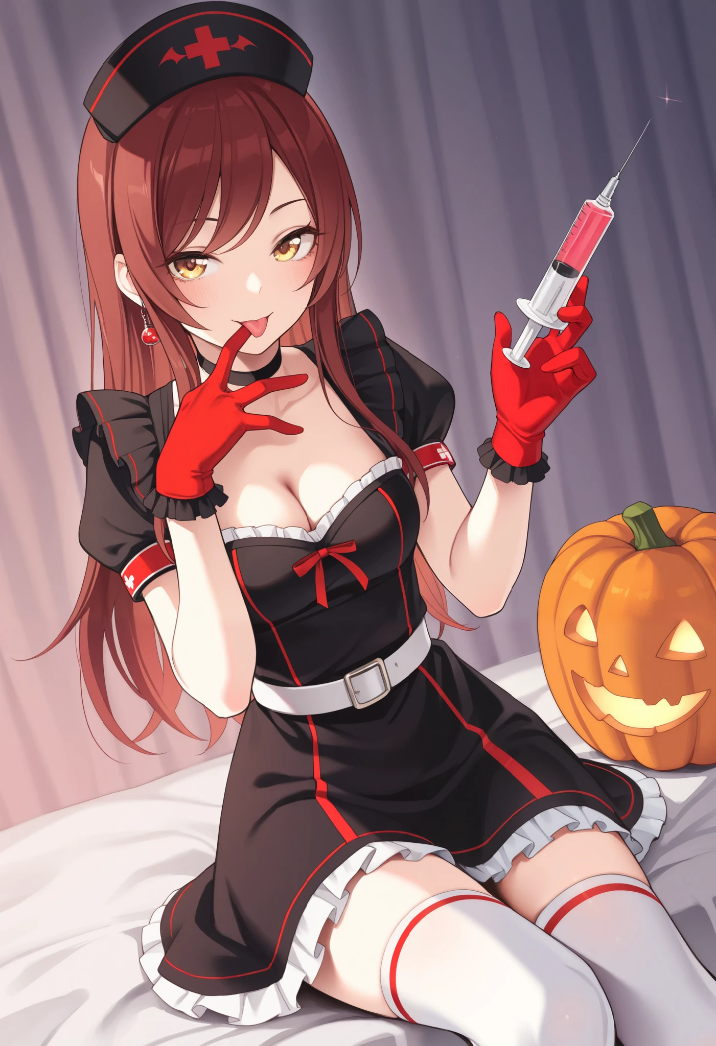 1girl,osaki amana,idolmaster shiny colors, belt, black choker, black dress, breasts, choker, cleavage, collarbone, dress, earrings, finger in own mouth, finger to mouth, frilled dress, frills, gloves, glowing, halloween costume, hat, holding, holding syringe, jewelry, large syringe, licking, licking finger, long hair, medium breasts, messy, naughty face, nurse, nurse cap, official alternate costume, oversized object, puffy short sleeves, puffy sleeves, red gloves, red hair, short sleeves, smile, swept bangs, syringe, thighhighs, tongue, tongue out, white belt, white thighhighs, yellow eyes,asutora,nanahara fuyuki,ruo zhishi chu jian,yueko \(jiayue wu\),colis,masterpiece, best quality, amazing quality, very aesthetic, absurdres,newest,huge filesize,