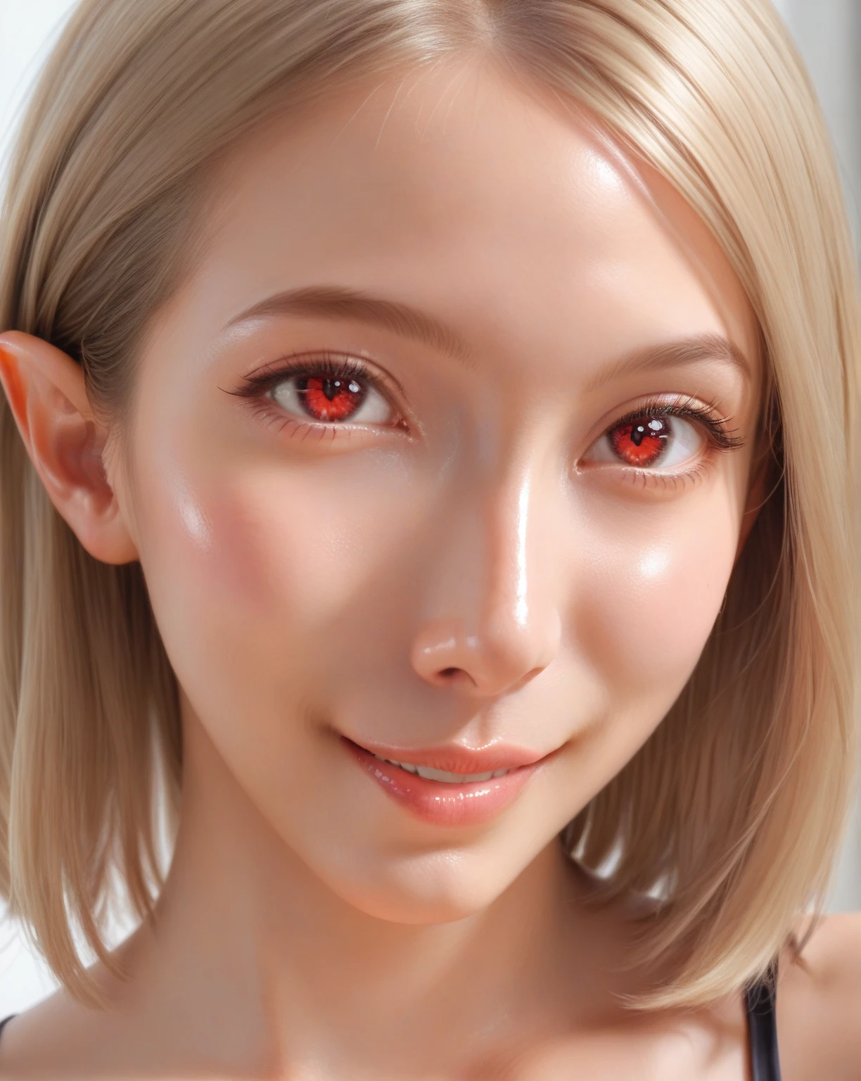 ultra-detailed, full-length, 1girl:1.4, solo, elf, elf ears, (beautiful face), portrait:1.43, (focusing on face), detailed eyes, (Ideal body proportions), ((Composition from head to thigh)), black bikini suit, Drenched shortcut blond hair, (scarlet clear red eyes, tsurime), The erection, Carmelto, Sexy body, grin smile, short-hair, blond hair with burgundy tips of hair, burgundy ends of hair, shiny skin, oiled skin, slenderness, Small buttocks, Beautiful legs, Skinny Legs, One-person viewpoint, masterpiece, ((Anatomically correct)), (portrait:1.4), (((close-up))), (focusing on eyes)