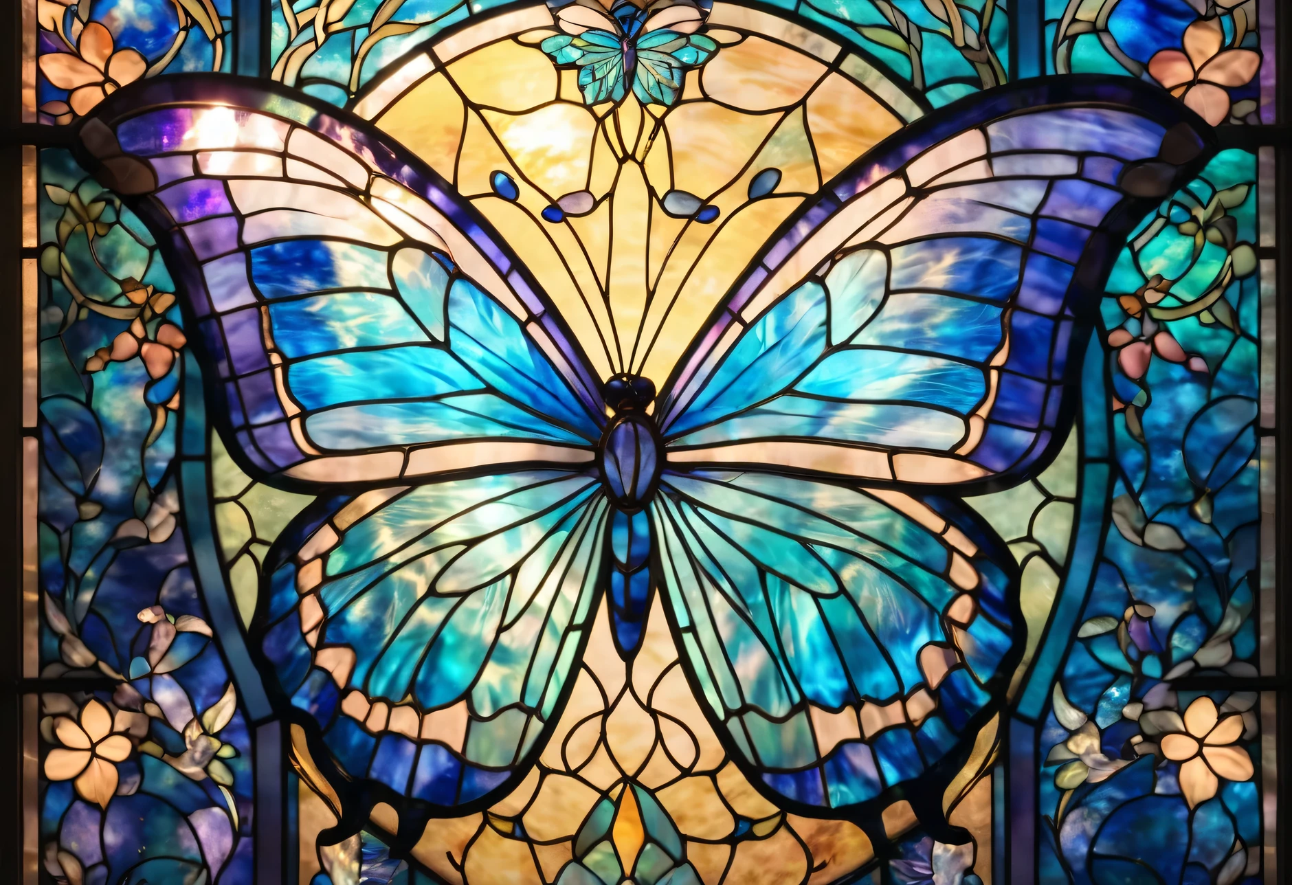  a close up of a stained glass window with a butterfly on it, 蝶 themed,  stained glass style  , stained glass art  ,  stained glass tarot style  , The stained glass butterfly is large in the center  ,  glowing stained glass backdrop