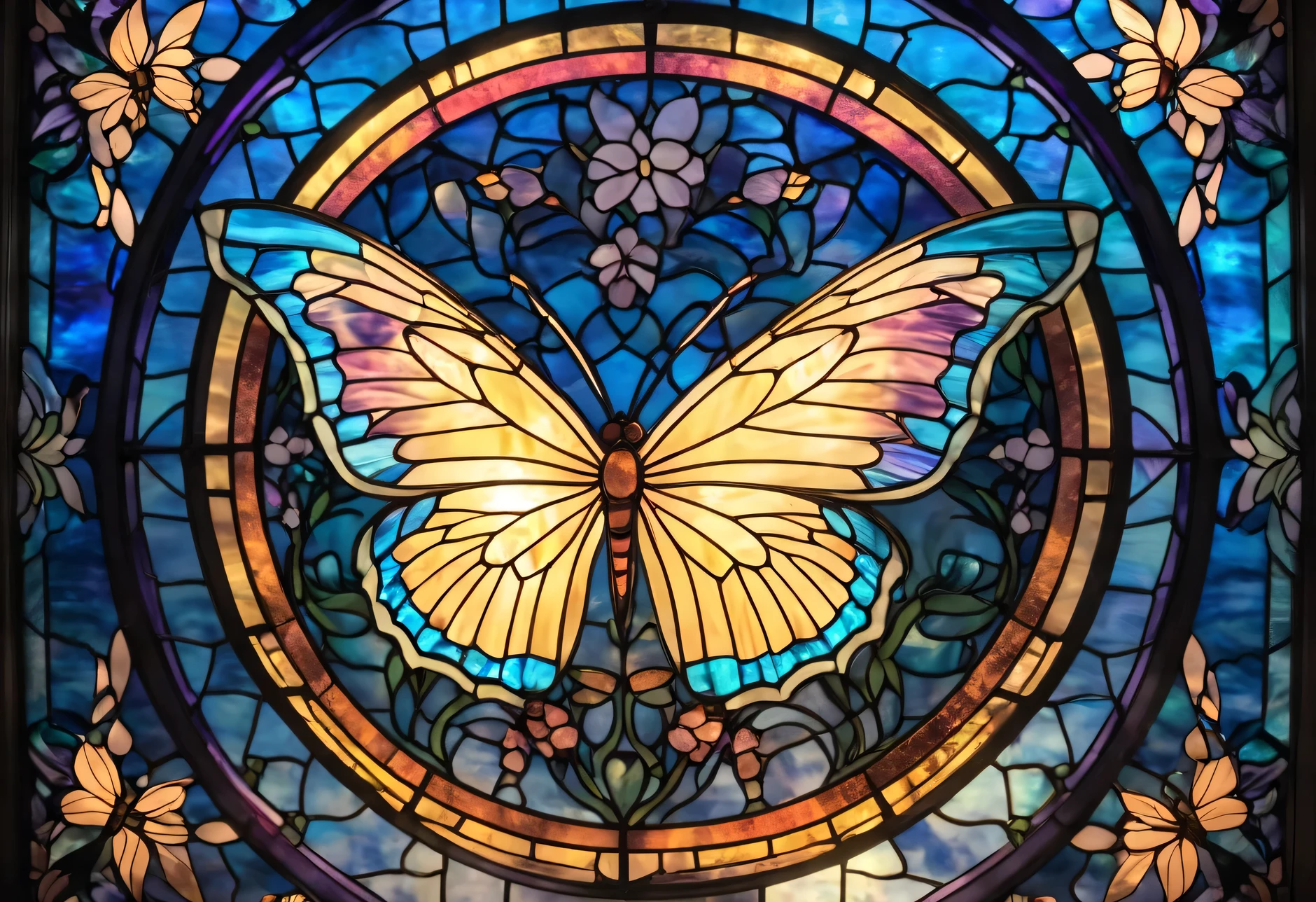  a close up of a stained glass window with a butterfly on it, 蝶 themed,  stained glass style  , stained glass art  ,  stained glass tarot style  , The stained glass butterfly is large in the center  ,  glowing stained glass backdrop