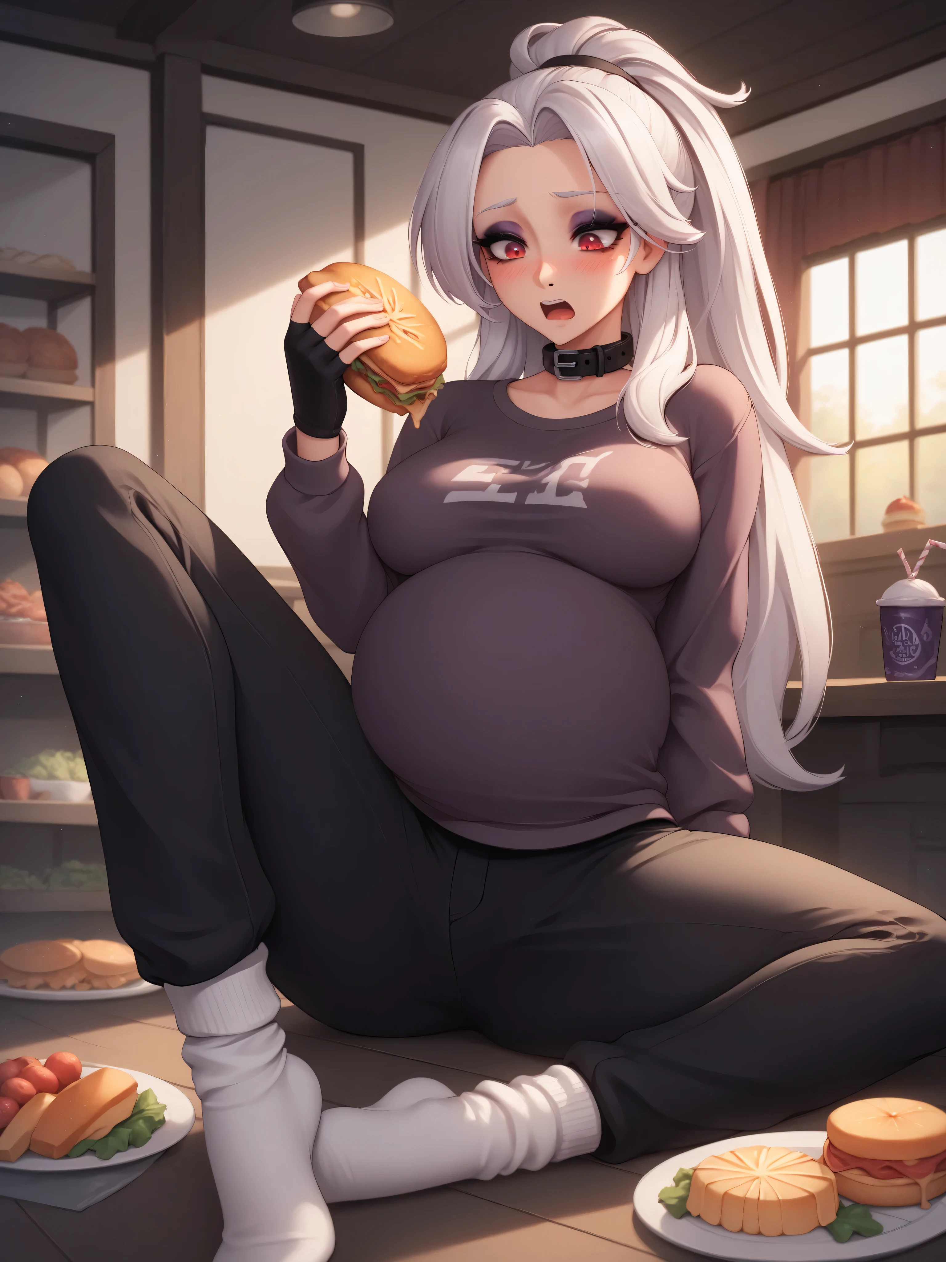 (4K HD Quality), score_9_up, score_8_up, score_6_up, anthro, solo, 1girl, female, human, white hair, long thick hair, medium large breasts, 

dark purple eyeshadow, black collar, dark purple long fingerless gloves, dark purple long socks, 

red eyes, 

blush, pregnant, looking at view, thick clothing, long sleeve shirt, long pants, shock face, sit, eat, dining room, food, eat a lot, holding food, 