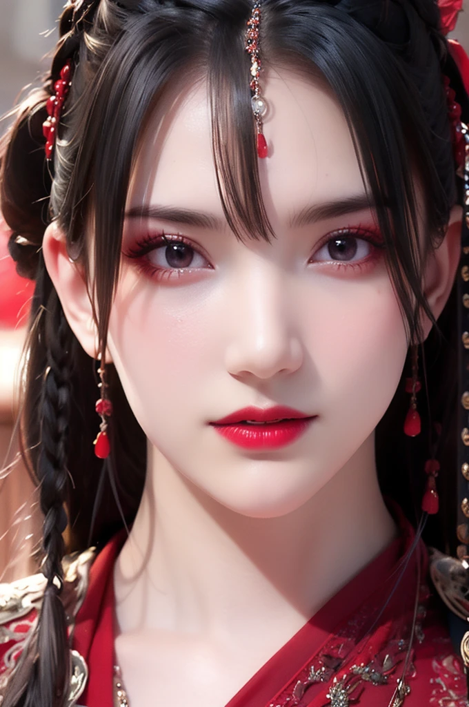 best quality, masterpiece, highres, official art, extremely detailed cg unity 8k wallpaper, jiapliqiao, 1girl, long hair, 1girl, jewelry, solo, earrings, red lips, hair ornament, makeup, realistic, red dress, necklace, ((full body)), devilish smile