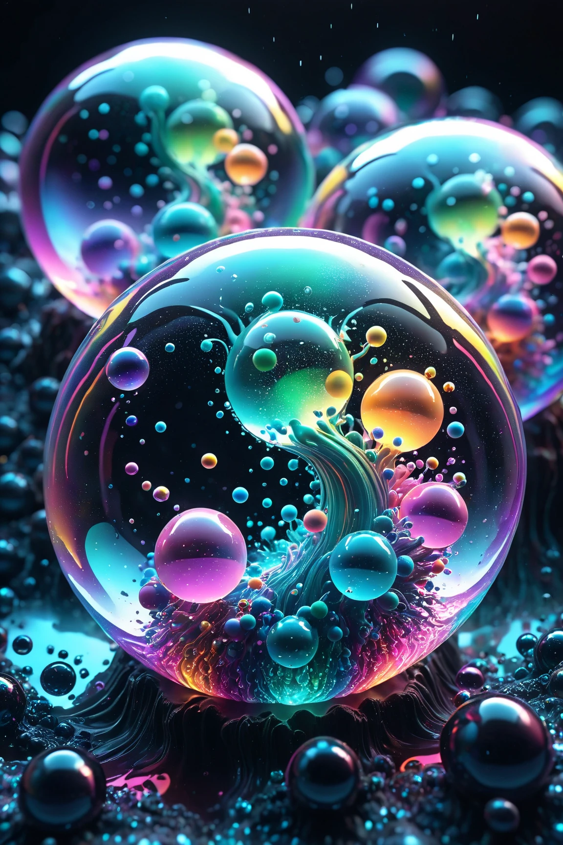 A close up of beautiful bubbles floating on top of each other, Glowing Nightmare, Glowing Runes_green Glowing Runes_pink,LSD, DMT imagery. octane render, psychedelic droplets of water, abstract liquid, and intricate rainbow art. octane render, black 3d fluid simulation,  ethereal bubbles, swirling liquids, and highly detailed, octane render, reflective rainbow bubbles, twisted colors inside of glass spheres, Psilocybin Dream inside an amazing image of light emerging from colors in a shimmering glass morphing out of colors, bright neon and fluorescent colors,very bright, vibrant colors, perfectly formed and symmetrical reflective bubbles and spheres, attention to detail with these beautiful bubbles and spheres, Extreme Hallucinations in a gorgeous piece of  psychedelic digital artwork, Stunning, pixel art, tripped out colors, 4d mandelbulb psychedelics, glass like psychedelic landscape, intricate rainbow environment, psychedelic underwater brightness and glow with neon colors, glowing colors twist inside of translucent glass spheres and bubbles with light and color reflecting off of both in bright fluorescent colors, psychedelic trip, fluorescent and neon aesthetic, psychedelic vibrant colors, bright psychedelic paint splattered backgrounds,swirling spirals and vortex, bright vibrant colors popping out from 3d glass spheres, Rotational Symmetry, Pixel Assets, Portrait photography, Surrealism, Photorealistic, Hyperdetailed, Glass Morphism, Digital Art, Sparkle, Optical Illusion, Glowing Light, Reflective Light, Overexposure, Backlighting, Depth Of Field, Spheres and bubbles show perfect Symmetry, Awe inspiring, Breathtaking, Indescribably Beautiful, Heaven sent images, Best Quality, Award Winning, MasterpieceA close up of beautiful bubbles floating on top of each other, LSD, DMT imagery. octane render, psychedelic droplets of water, abstract liquid, and intricate rainbow art. octane render, black 3d fluid simulation,  ethereal bubbl