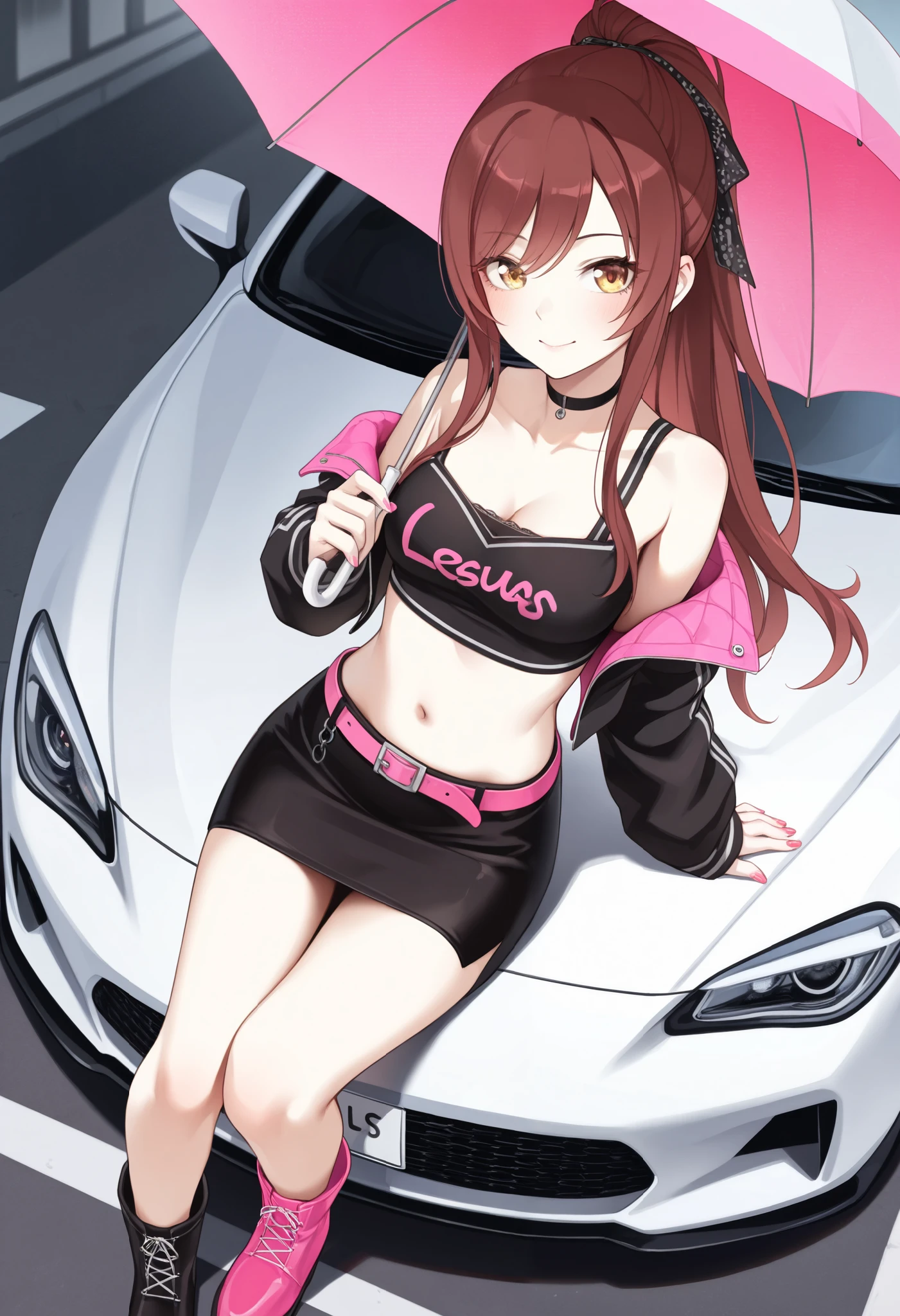 1girl,osaki amana,idolmaster shiny colors, alternate hairstyle, asymmetrical footwear, bare shoulders, belt, black choker, black footwear, black skirt, boots, breasts, car, choker, clothes writing, collarbone, cropped jacket, from above, hair ribbon, high ponytail, holding, holding umbrella, lexus, lexus rc f, long hair, looking up, medium breasts, miniskirt, mismatched footwear, motor vehicle, nail polish, navel, official alternate costume, official alternate hairstyle, pencil skirt, pink footwear,asutora,nanahara fuyuki,ruo zhishi chu jian,yueko \(jiayue wu\),colis,masterpiece, best quality, amazing quality, very aesthetic, absurdres,newest,huge filesize,