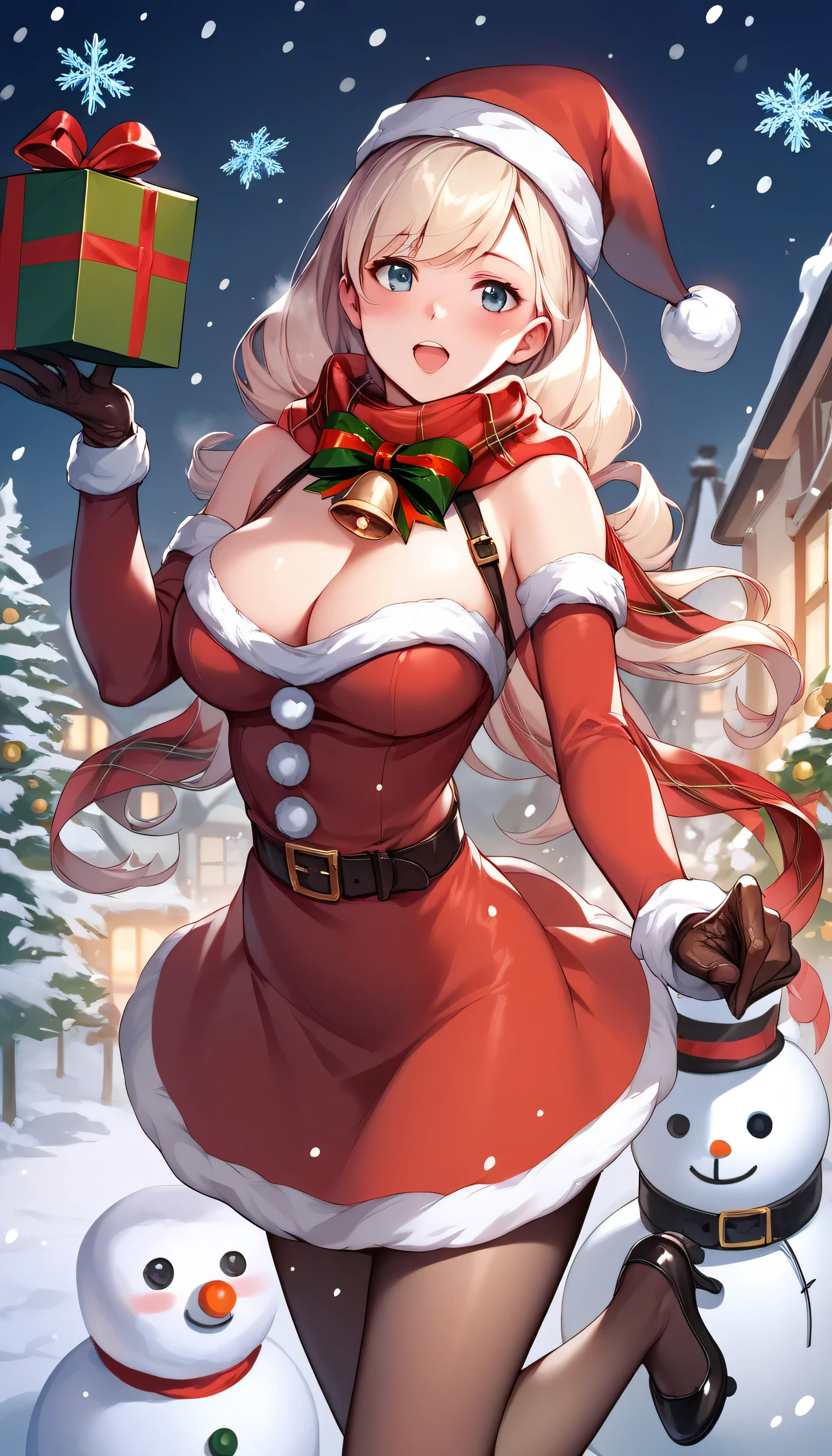 snowman, snow, snowflakes, snowing, night, 1girl, , solo, pantyhose, hat, , breasts, scarf, gloves, blush, , santa_hat, gift, cleavage, one_side_up, belt, dress, , santa_costume, open_mouth, , christmas, black_pantyhose, holding, , bell, box, large_breasts, bangs, official_alternate_costume, holding_gift, , fur_trim, plaid_scarf, ribbon, , bare_shoulders,luna