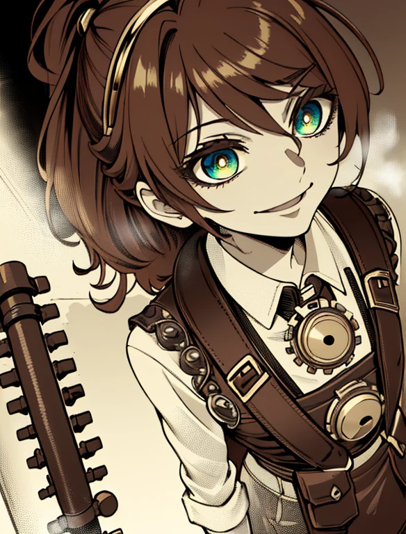 (very aesthetic:1.2), (detailed background),(ultra-detailed:1.3 ), (close-up:1.2), (anime coloring:1.2), newest, perfect anatomy, sharp focus, (high-contrast lighting:1.1) (high contrast:1.2), 1 steampunk tinkerer girl, (messy auburn hair tied in a loose ponytail with brass gears and goggles:1.2), (worn leather apron with pockets holding tools:1.3), wearing a cropped jacket with brass cog embroidery, paired with a high-waisted plaid skirt and brown leather boots with brass buckles, (a small satchel with mechanical parts:1.2), (cheerful and determined smile with bright hazel eyes:1.3), standing in a bustling steampunk marketplace surrounded by gears, pipes, and steam vents, (soft warm lighting with a golden tone:1.2), sharp focus, ultra-detailed, (modern steampunk aesthetic:1.3), (masterpiece:1.2), (best quality:1.2)