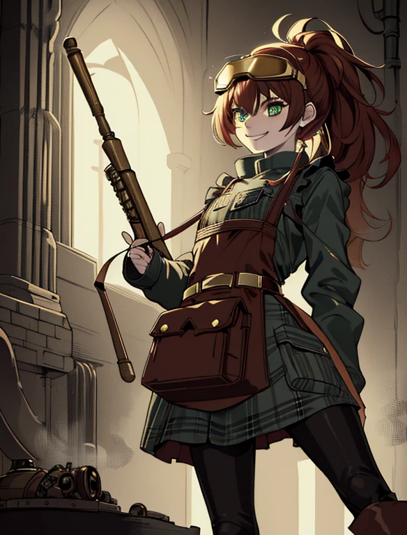 (very aesthetic:1.2), (detailed background),(ultra-detailed:1.3 ), (close-up:1.2), (anime coloring:1.2), newest, perfect anatomy, sharp focus, (high-contrast lighting:1.1) (high contrast:1.2), 1 steampunk tinkerer girl, (messy auburn hair tied in a loose ponytail with brass gears and goggles:1.2), (worn leather apron with pockets holding tools:1.3), wearing a cropped jacket with brass cog embroidery, paired with a high-waisted plaid skirt and brown leather boots with brass buckles, (a small satchel with mechanical parts:1.2), (cheerful and determined smile with bright hazel eyes:1.3), standing in a bustling steampunk marketplace surrounded by gears, pipes, and steam vents, (soft warm lighting with a golden tone:1.2), sharp focus, ultra-detailed, (modern steampunk aesthetic:1.3), (masterpiece:1.2), (best quality:1.2)