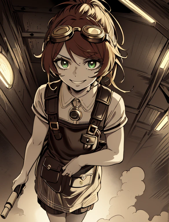 (very aesthetic:1.2), (detailed background),(ultra-detailed:1.3 ), (close-up:1.2), (anime coloring:1.2), newest, perfect anatomy, sharp focus, (high-contrast lighting:1.1) (high contrast:1.2), 1 steampunk tinkerer girl, (messy auburn hair tied in a loose ponytail with brass gears and goggles:1.2), (worn leather apron with pockets holding tools:1.3), wearing a cropped jacket with brass cog embroidery, paired with a high-waisted plaid skirt and brown leather boots with brass buckles, (a small satchel with mechanical parts:1.2), (cheerful and determined smile with bright hazel eyes:1.3), standing in a bustling steampunk marketplace surrounded by gears, pipes, and steam vents, (soft warm lighting with a golden tone:1.2), sharp focus, ultra-detailed, (modern steampunk aesthetic:1.3), (masterpiece:1.2), (best quality:1.2)