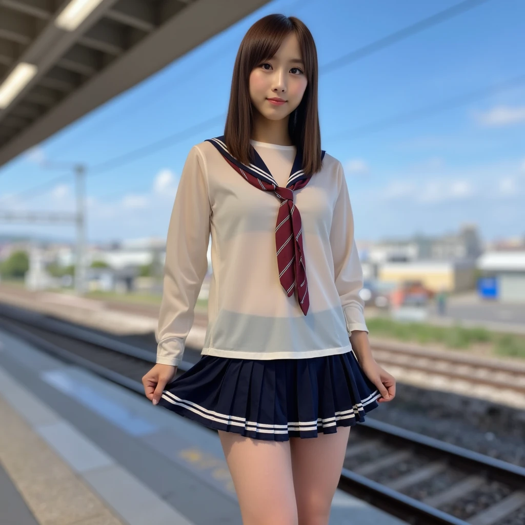 anna_girl, High school girl standing on the platform of the station where you can see the blue sky:1.37,  Japanese High School Girl Uniforms, Lift the skirt with one hand and show me the panties:1.37,  skirt flip :1.21