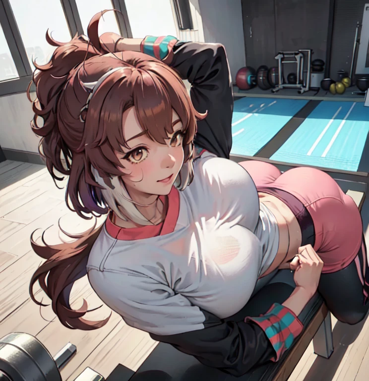 1lady solo, (dantsu flame \(umamusume\)), ((lying on back) on bench press), (holding barbel) (lifting up), (stylish gym outfit), (cropped top) (yoga pants), (mature female:0.8), (light smile:0.8), (masterpiece best quality:1.2) delicate illustration ultra-detailed, large breasts BREAK (fitness gym) indoors, various fitness equipment, energetic, detailed background