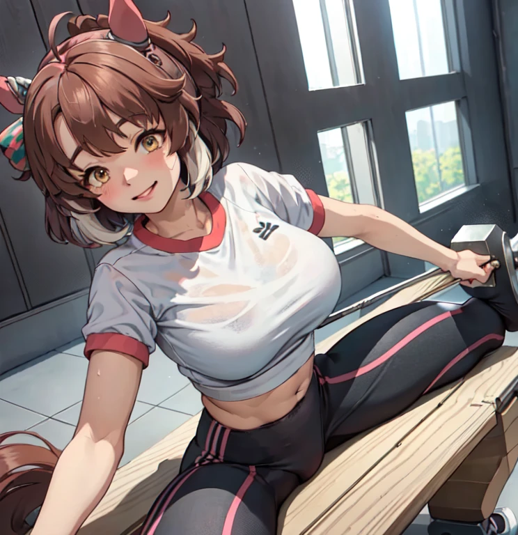 1lady solo, (dantsu flame \(umamusume\)), ((lying on back) on bench press), (holding barbel) (lifting up), (stylish gym outfit), (cropped top) (yoga pants), (mature female:0.8), (light smile:0.8), (masterpiece best quality:1.2) delicate illustration ultra-detailed, large breasts BREAK (fitness gym) indoors, various fitness equipment, energetic, detailed background