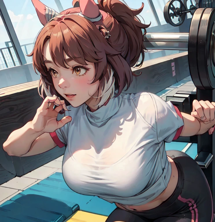 1lady solo, (dantsu flame \(umamusume\)), ((lying on back) on bench press), (holding barbel) (lifting up), (stylish gym outfit), (cropped top) (yoga pants), (mature female:0.8), (light smile:0.8), (masterpiece best quality:1.2) delicate illustration ultra-detailed, large breasts BREAK (fitness gym) indoors, various fitness equipment, energetic, detailed background