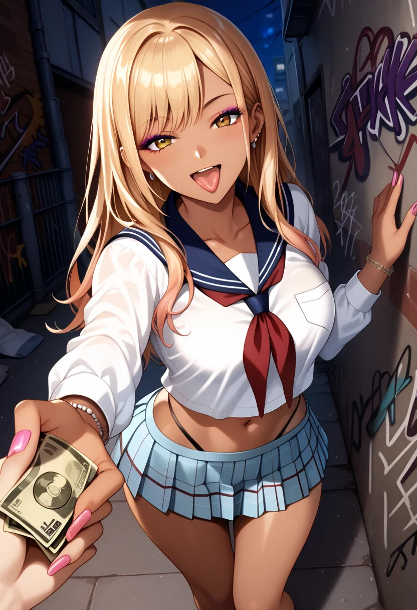 score_9, score_8_up, score_7_up, source_anime, 1girl, kitagawa marin, blond hair, long hair, gyaru, straight hair, makeup, (dark-skinned female:1.2), girl, beautiful face, detailed eyes,slim body,mature female,side view, pov,looking at viewer, dutch angle, navel, large breasts,seductive smile, parted lips, collarbone, white serafuku, sleeve less, blue sailor collar, red neckerchief, plaid pleated micro skirt,shirt overhang, reaching to grab money, money, alley, (graffiti), love hotel,night,leaning back, against wall, people in background,open mouth,tongue out,handjob pose,